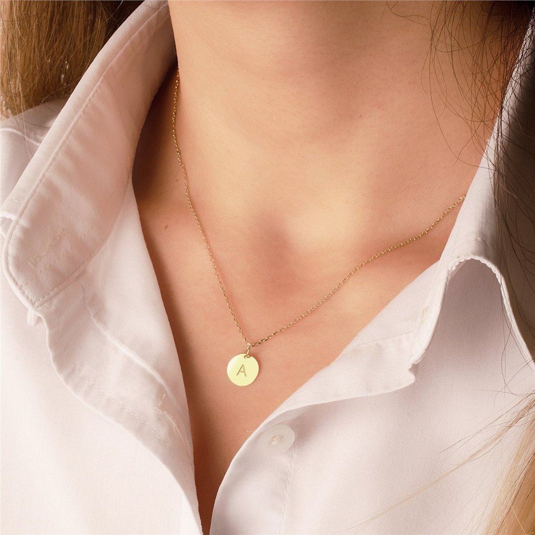 Goldstore-14K Solid Gold Minimal Initial Disk Necklace, Personalized Dainty lowercase or uppercase letter Pendant, Mothers Letter Disc Charm Necklace.