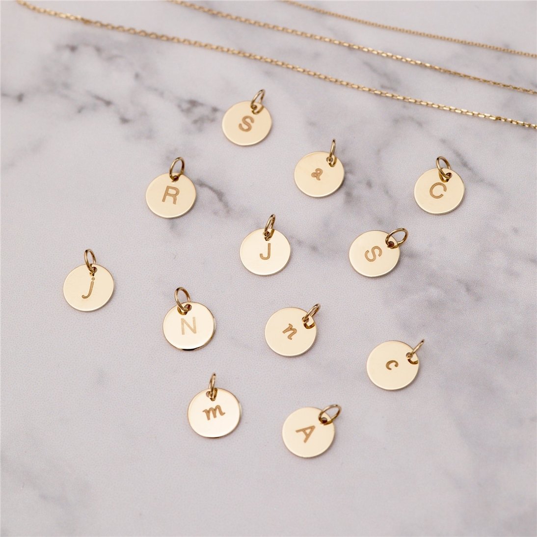 Goldstore-14K Solid Gold Minimal Initial Disk Necklace, Personalized Dainty lowercase or uppercase letter Pendant, Mothers Letter Disc Charm Necklace.