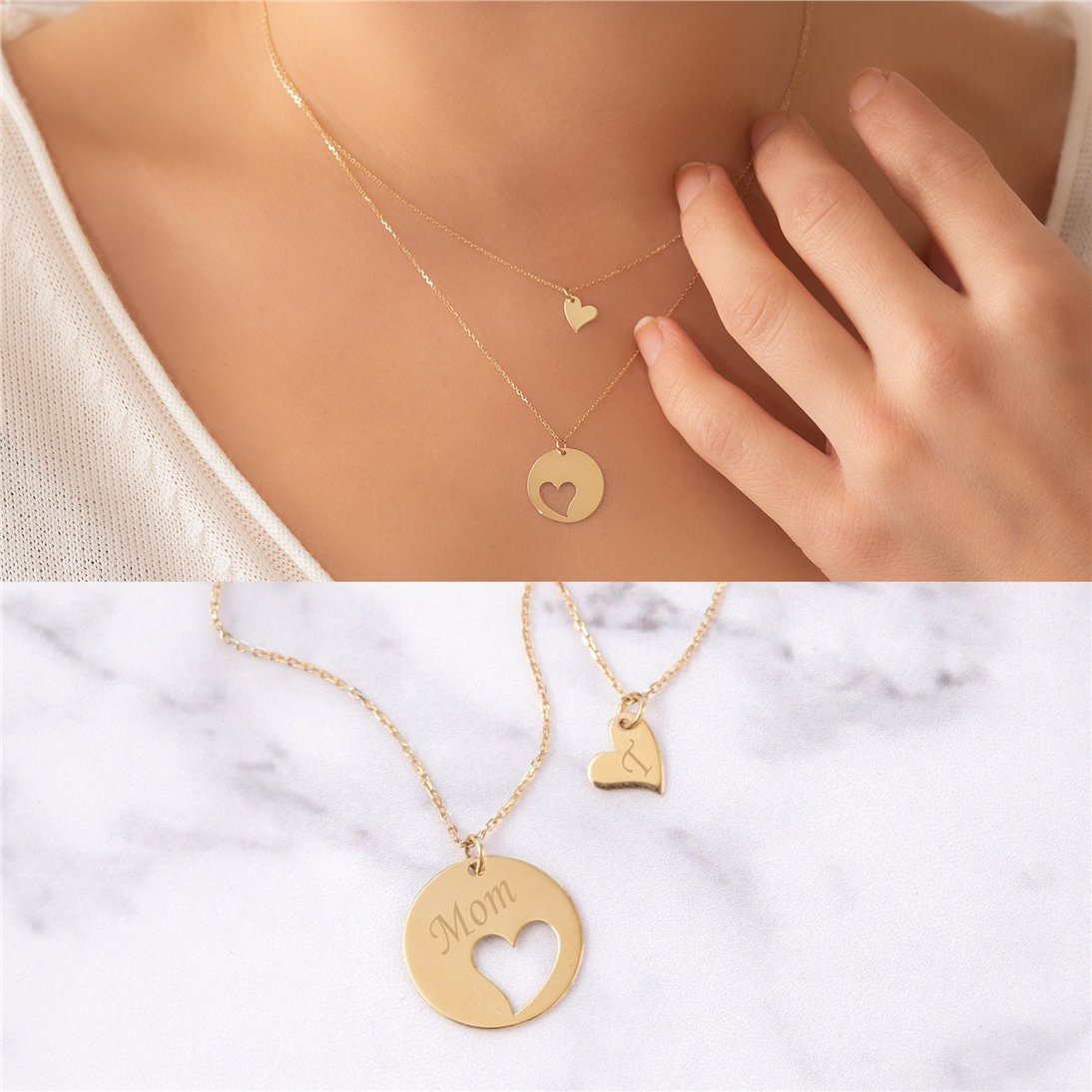 Goldstore-14k Solid Gold Mother Daughter Necklace Set, Custom Engrave Name Initial Heart Layered Necklace Set, Layered Necklace Set Gold Gift for Her.