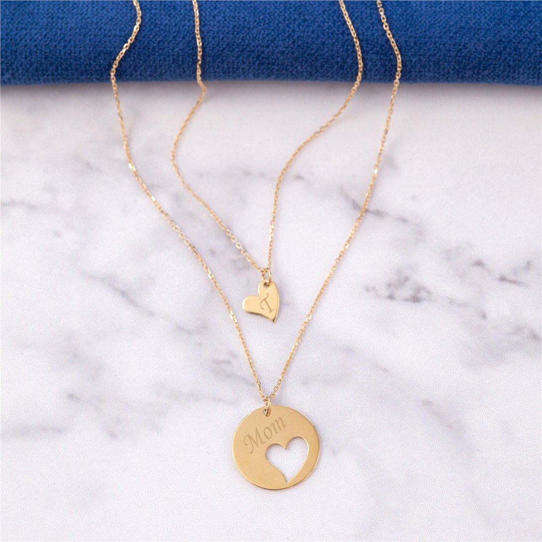 Goldstore-14k Solid Gold Mother Daughter Necklace Set, Custom Engrave Name Initial Heart Layered Necklace Set, Layered Necklace Set Gold Gift for Her.
