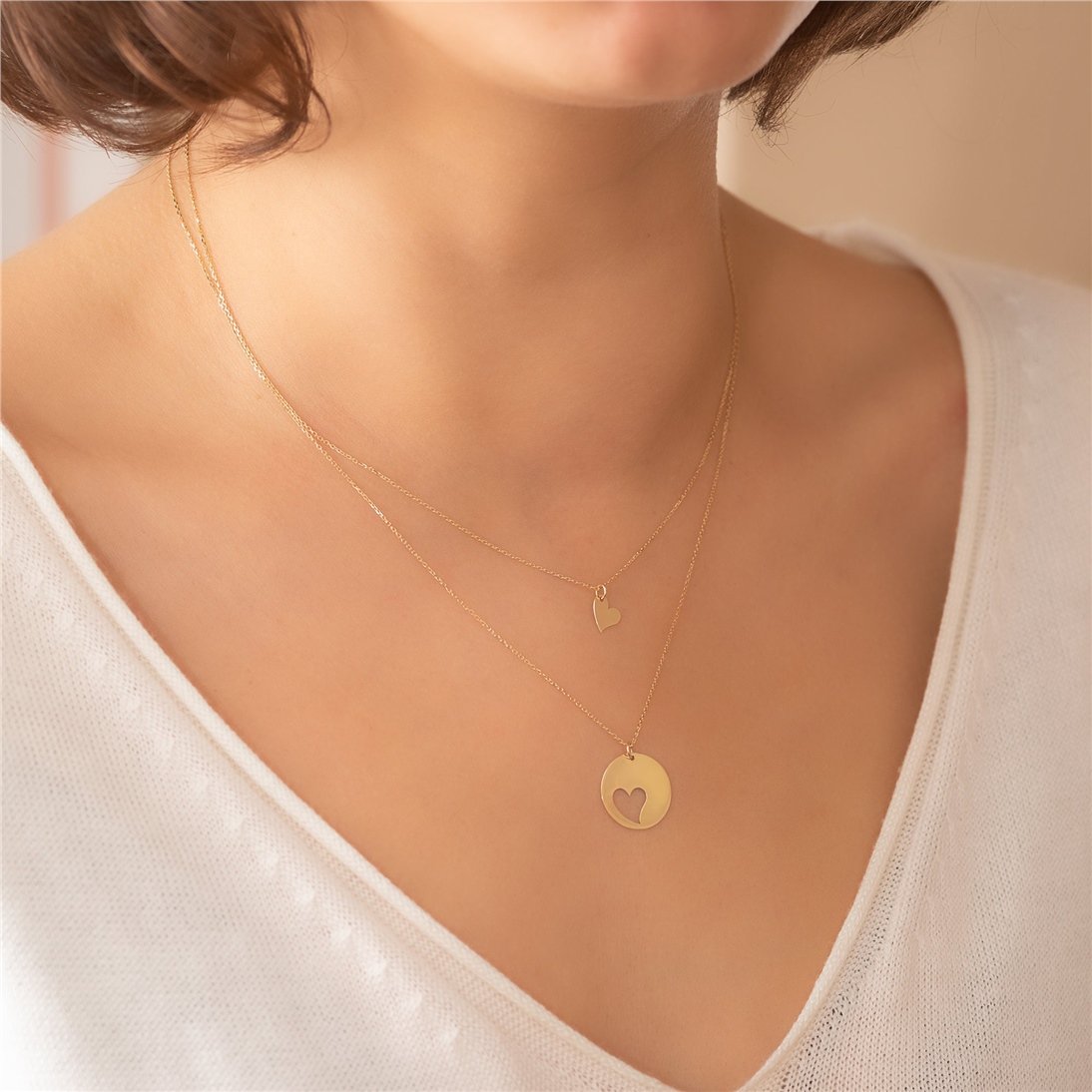 Goldstore-14k Solid Gold Mother Daughter Necklace Set, Custom Engrave Name Initial Heart Layered Necklace Set, Layered Necklace Set Gold Gift for Her.