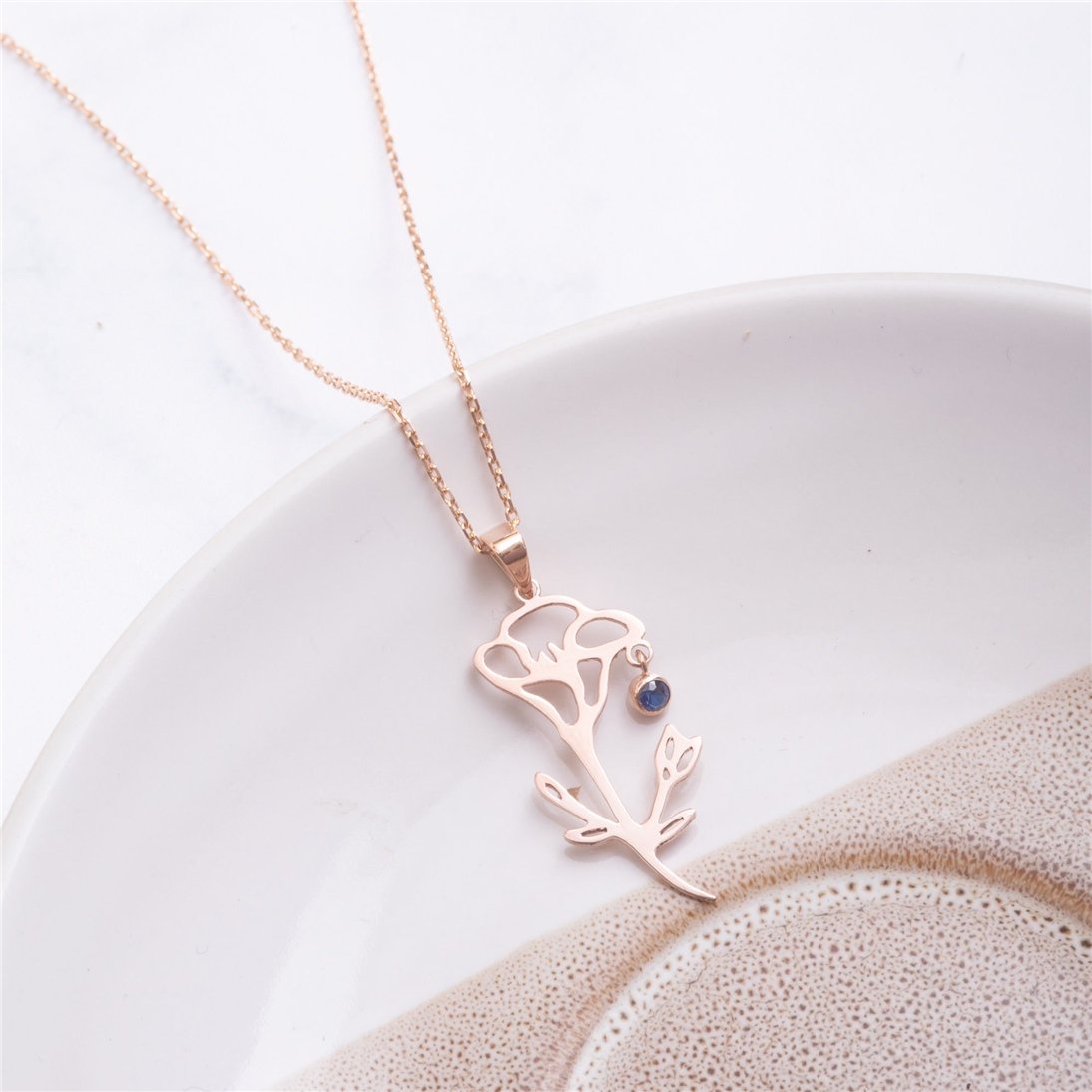 Goldstore-14K Solid Gold Personalized Birth Flower Pendant Necklace, Floral Custom Dainty Birthflower Choker Necklace, Combined Flower Pendant Gold