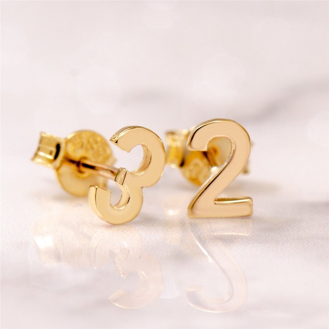 Goldstore-14K Solid Plain Gold Number Earrings, Diamond Numbers Stud Earring, Cz Personalized Custom Number Gold Earring, Number Stud Valentine's gift