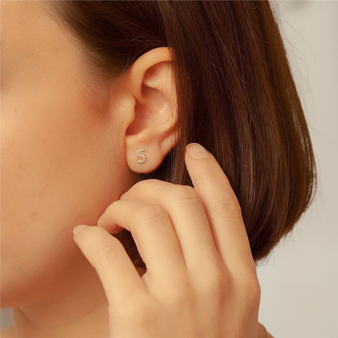 Goldstore-14K Solid Plain Gold Number Earrings, Diamond Numbers Stud Earring, Cz Personalized Custom Number Gold Earring, Number Stud Valentine's gift
