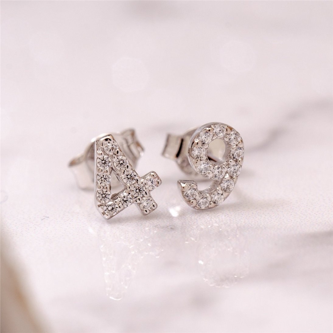 Goldstore-14K Solid Plain Gold Number Earrings, Diamond Numbers Stud Earring, Cz Personalized Custom Number Gold Earring, Number Stud Valentine's gift