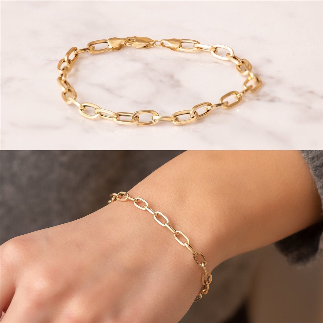 Goldstore-14K Yellow Gold Large Open Link Chain Bracelet, Rectangle Link Anchor Chain Gold Bracelet, Yellow Gold Paper Clip Chain Bracelet Gift Her