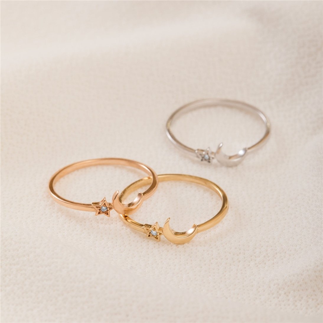 Goldstore-Diamond Crescent Moon Star Ring 14K 18K Solid Gold, Dainty Moon Star Promise Gold Diamond or Cz Ring, Celestial Stackable Ring Gift for Her