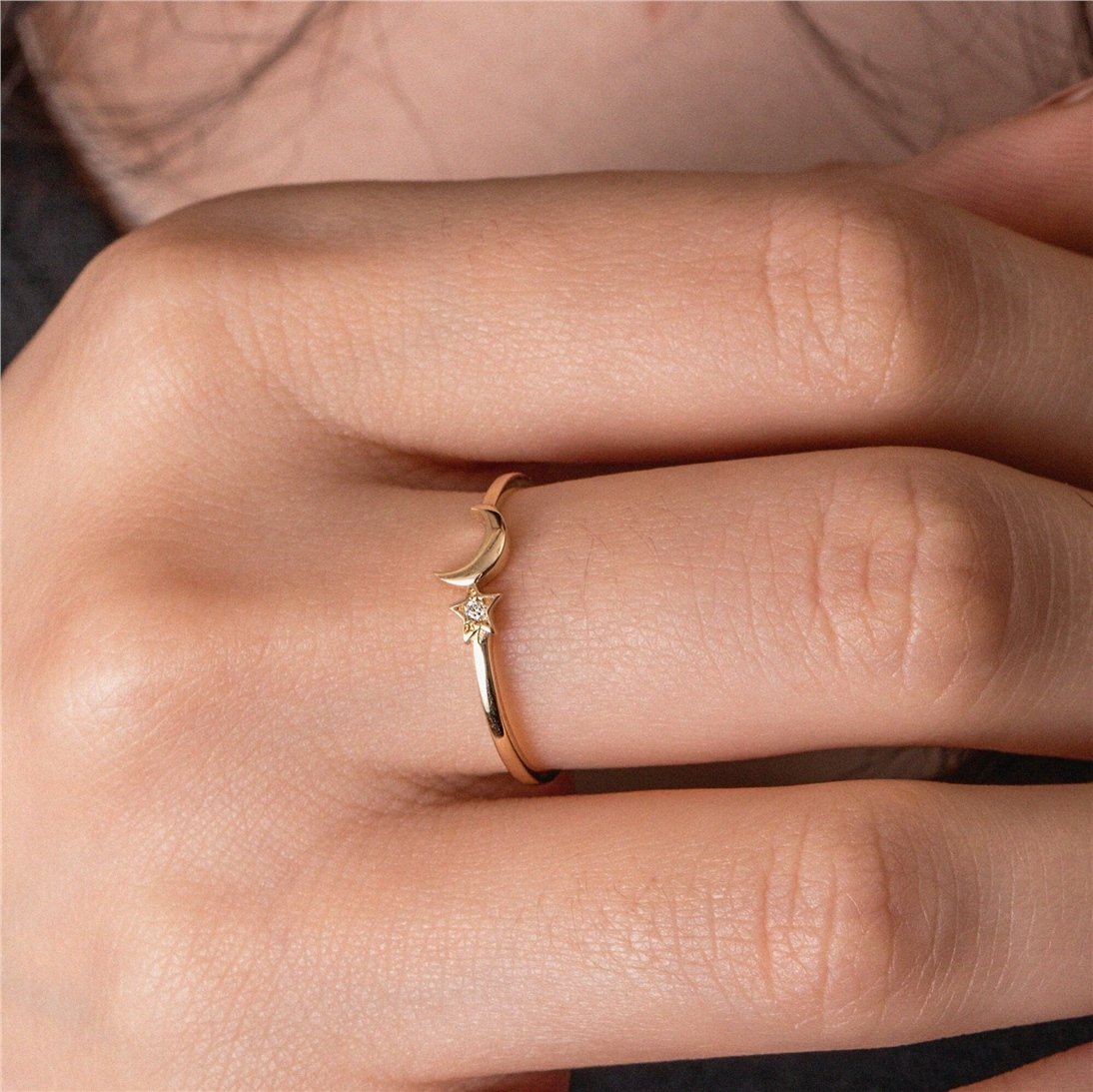 Goldstore-Diamond Crescent Moon Star Ring 14K 18K Solid Gold, Dainty Moon Star Promise Gold Diamond or Cz Ring, Celestial Stackable Ring Gift for Her