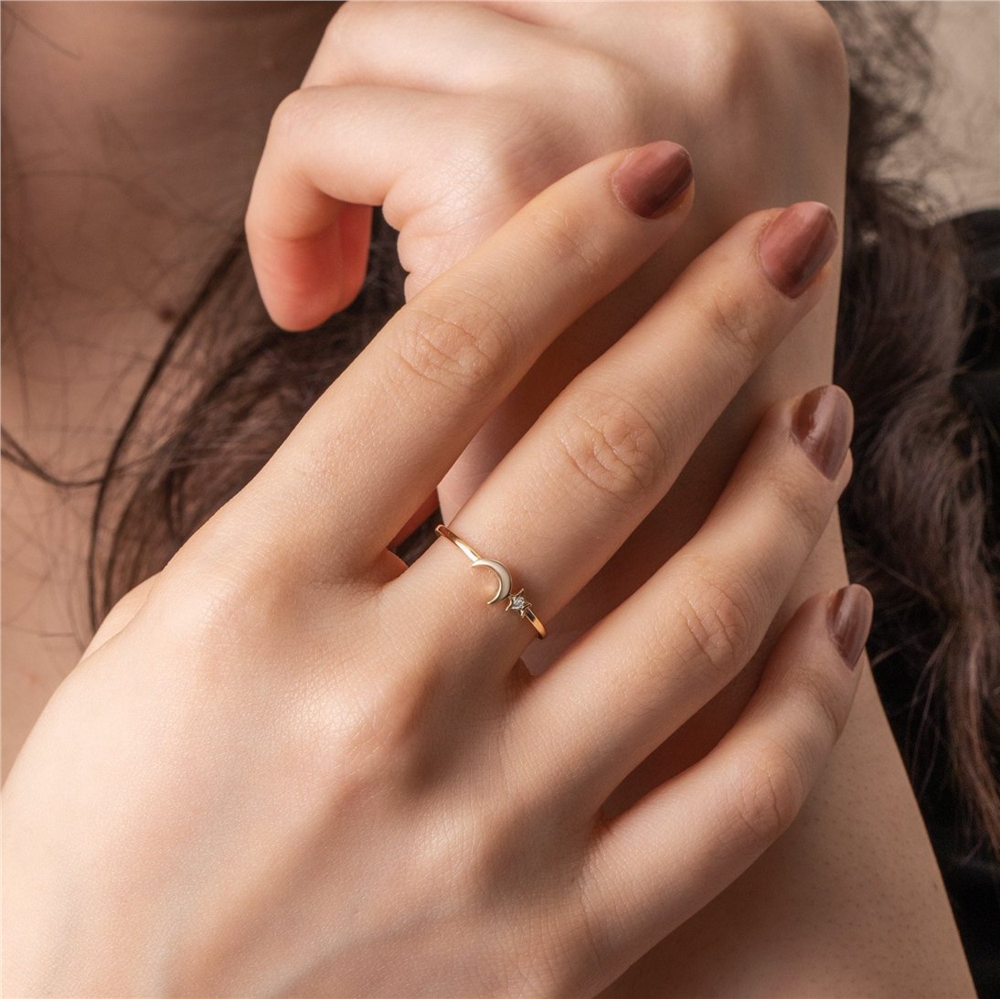 Goldstore-Diamond Crescent Moon Star Ring 14K 18K Solid Gold, Dainty Moon Star Promise Gold Diamond or Cz Ring, Celestial Stackable Ring Gift for Her