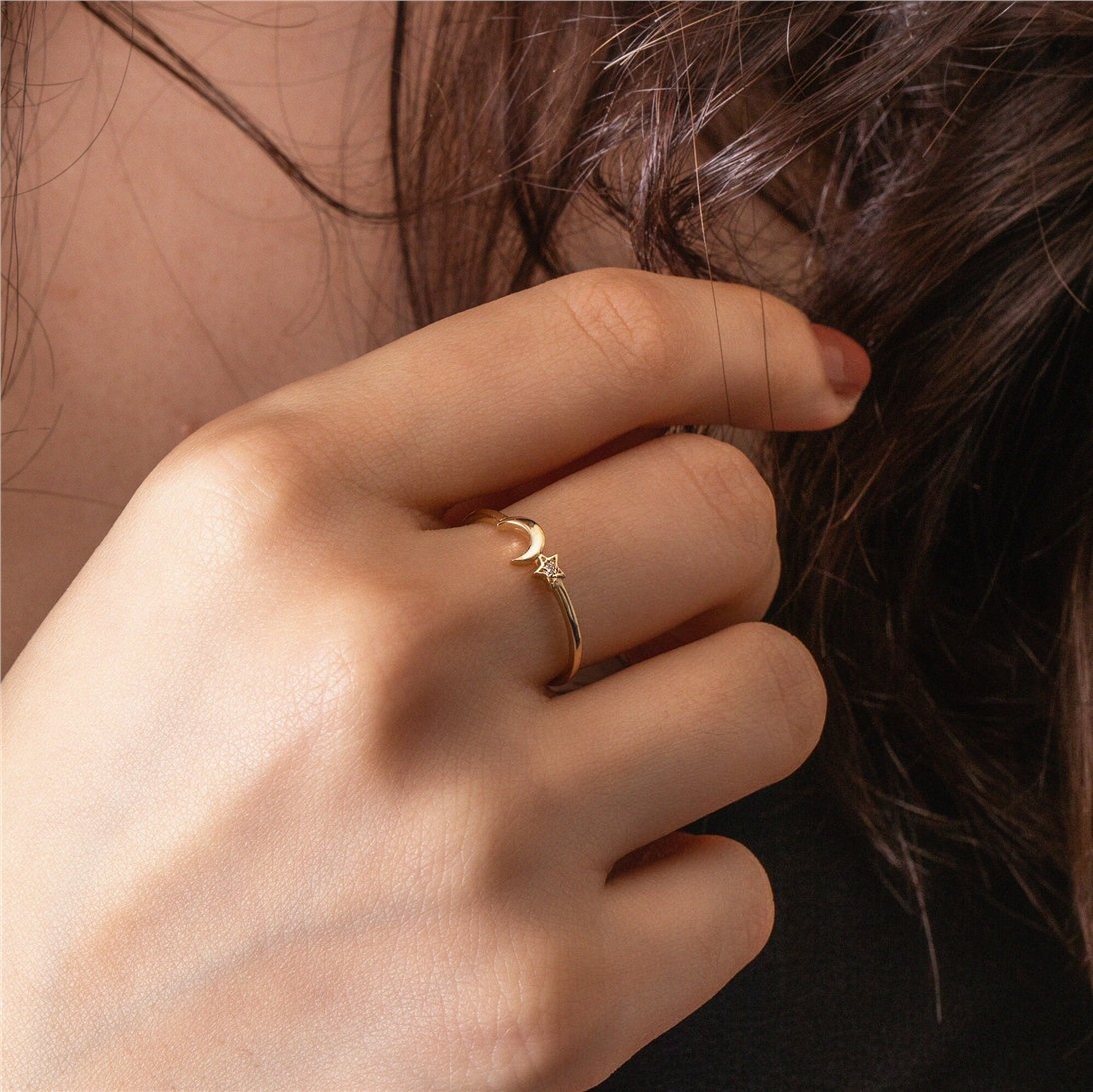 Goldstore-Diamond Crescent Moon Star Ring 14K 18K Solid Gold, Dainty Moon Star Promise Gold Diamond or Cz Ring, Celestial Stackable Ring Gift for Her