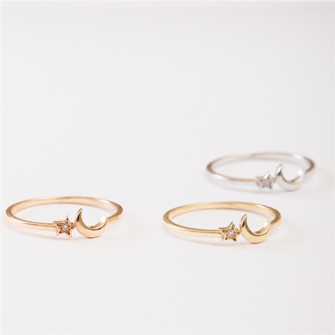 Goldstore-Diamond Crescent Moon Star Ring 14K 18K Solid Gold, Dainty Moon Star Promise Gold Diamond or Cz Ring, Celestial Stackable Ring Gift for Her