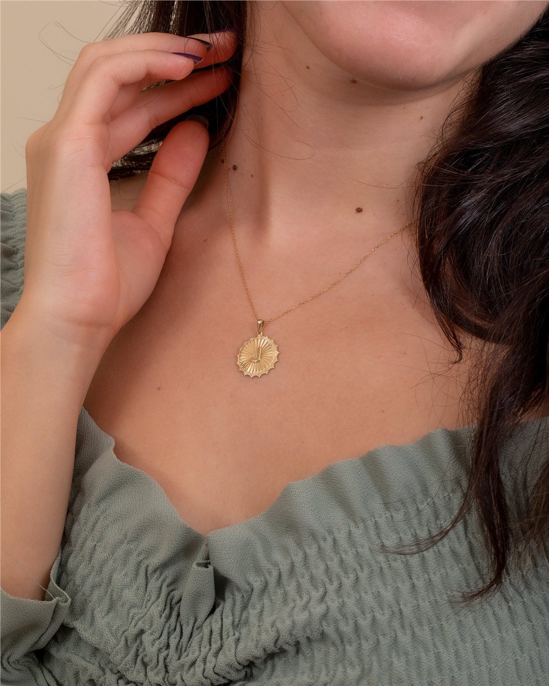 Goldstore-Fluted Large Disc Medallion Letter Pendant 14K 18K Solid Gold, Disk Custom Initial Pendant, Pave Diamond or Cz Sunburst Coin Pendant for Her