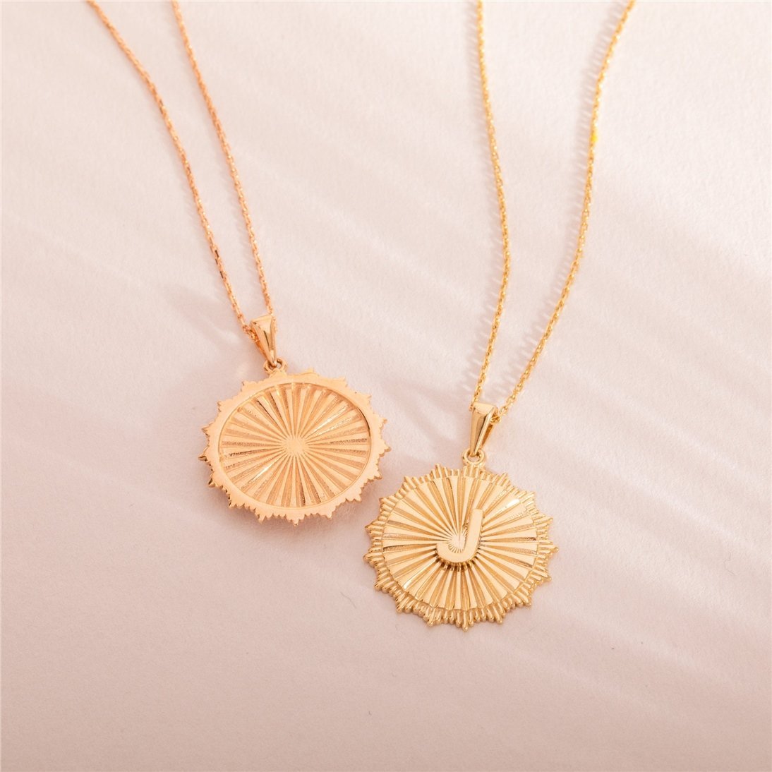 Goldstore-Fluted Large Disc Medallion Letter Pendant 14K 18K Solid Gold, Disk Custom Initial Pendant, Pave Diamond or Cz Sunburst Coin Pendant for Her