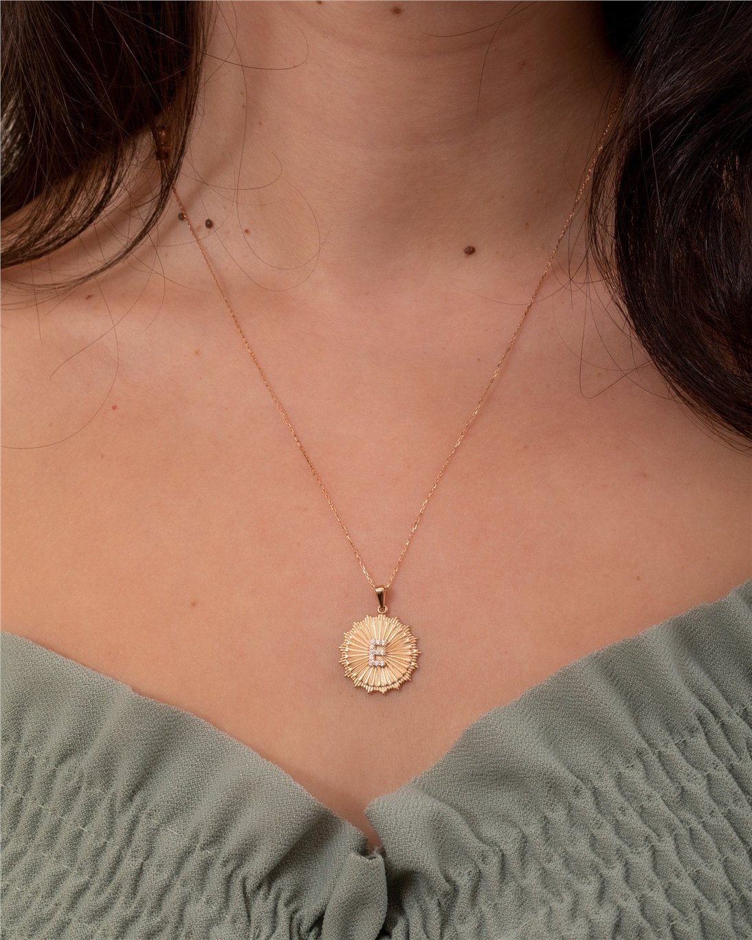 Goldstore-Fluted Large Disc Medallion Letter Pendant 14K 18K Solid Gold, Disk Custom Initial Pendant, Pave Diamond or Cz Sunburst Coin Pendant for Her