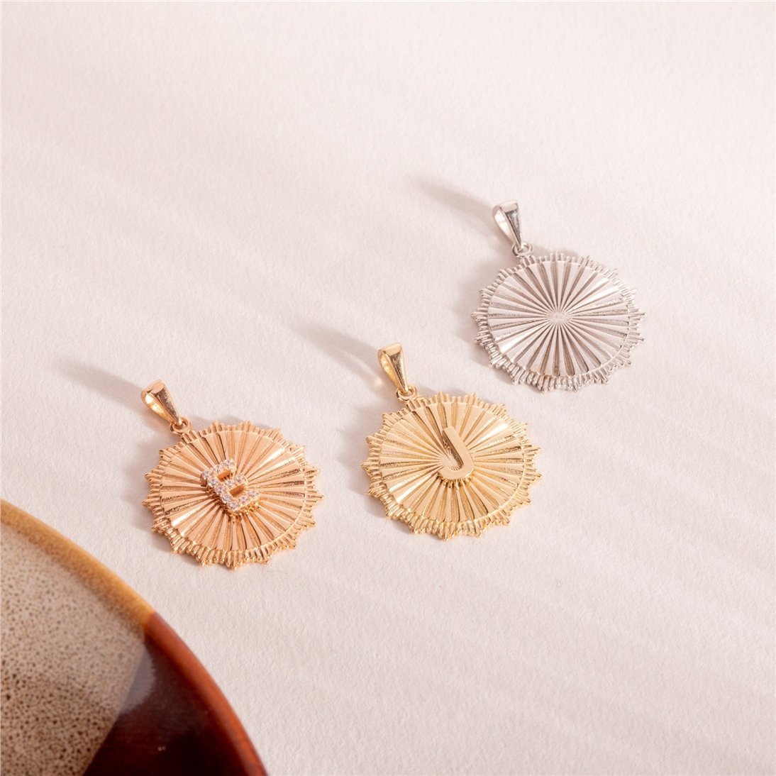 Goldstore-Fluted Large Disc Medallion Letter Pendant 14K 18K Solid Gold, Disk Custom Initial Pendant, Pave Diamond or Cz Sunburst Coin Pendant for Her