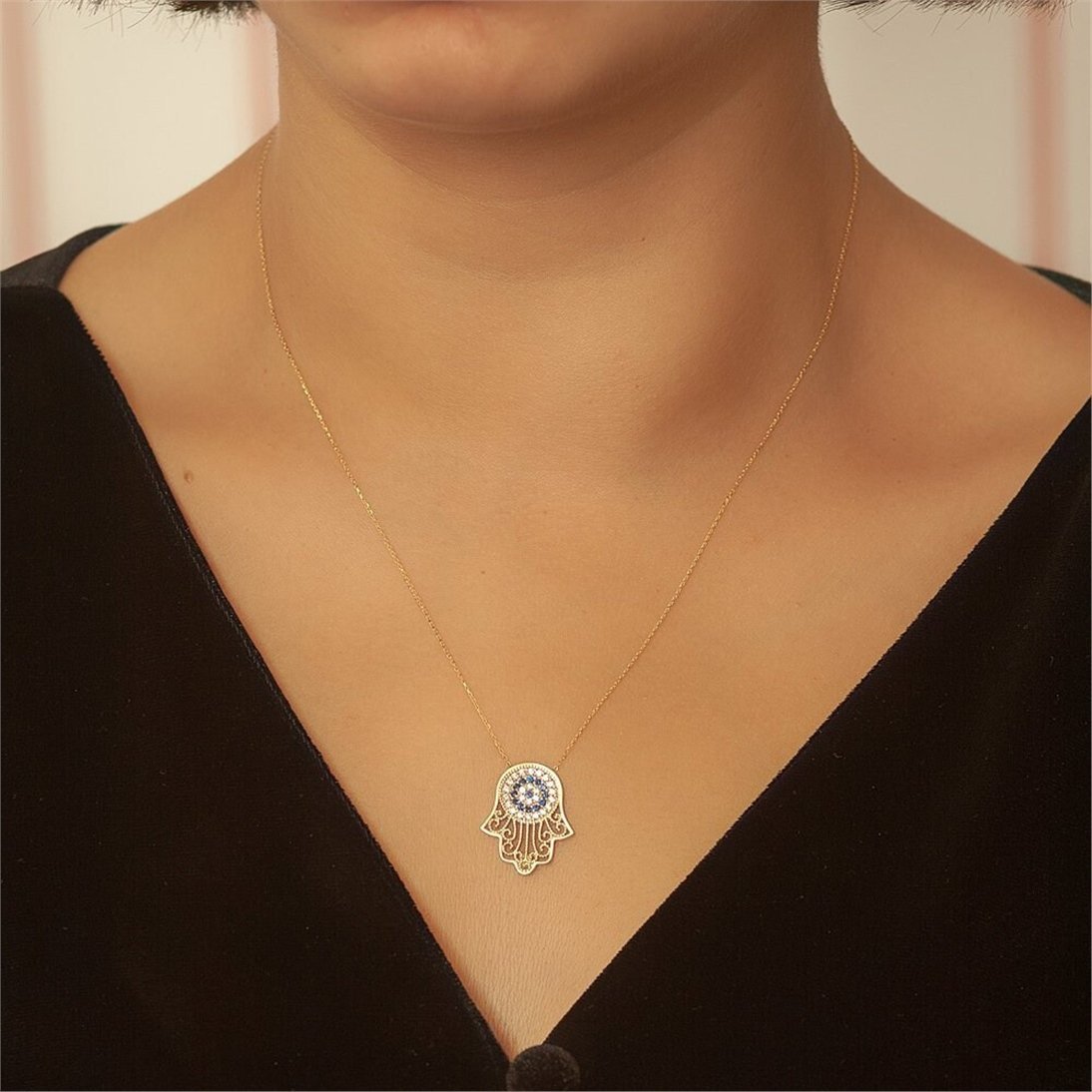 Goldstore-Hamsa Evil Eye Necklace, 14k 18k Solid Gold Evil Eye Fatima Hand Necklace, Hamsa Zirkon Necklace, Hand of Fatima Necklace Valentine's Gift.