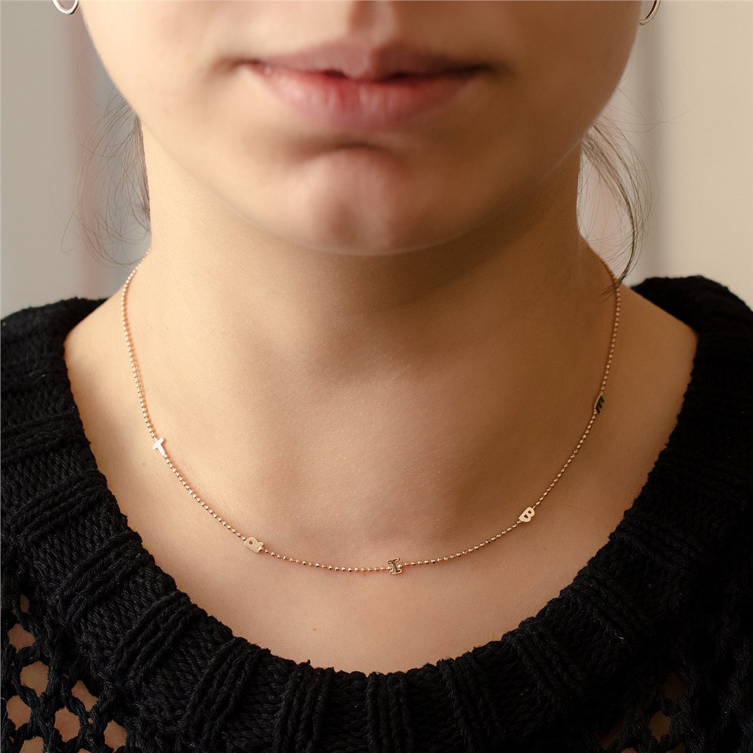 Goldstore-Sideways Initial 14k Gold Necklace, Minimal Initial Sideways Necklace, Personalized Multiple 1 2 3 4 Letters Diamond cut bead chain Necklace