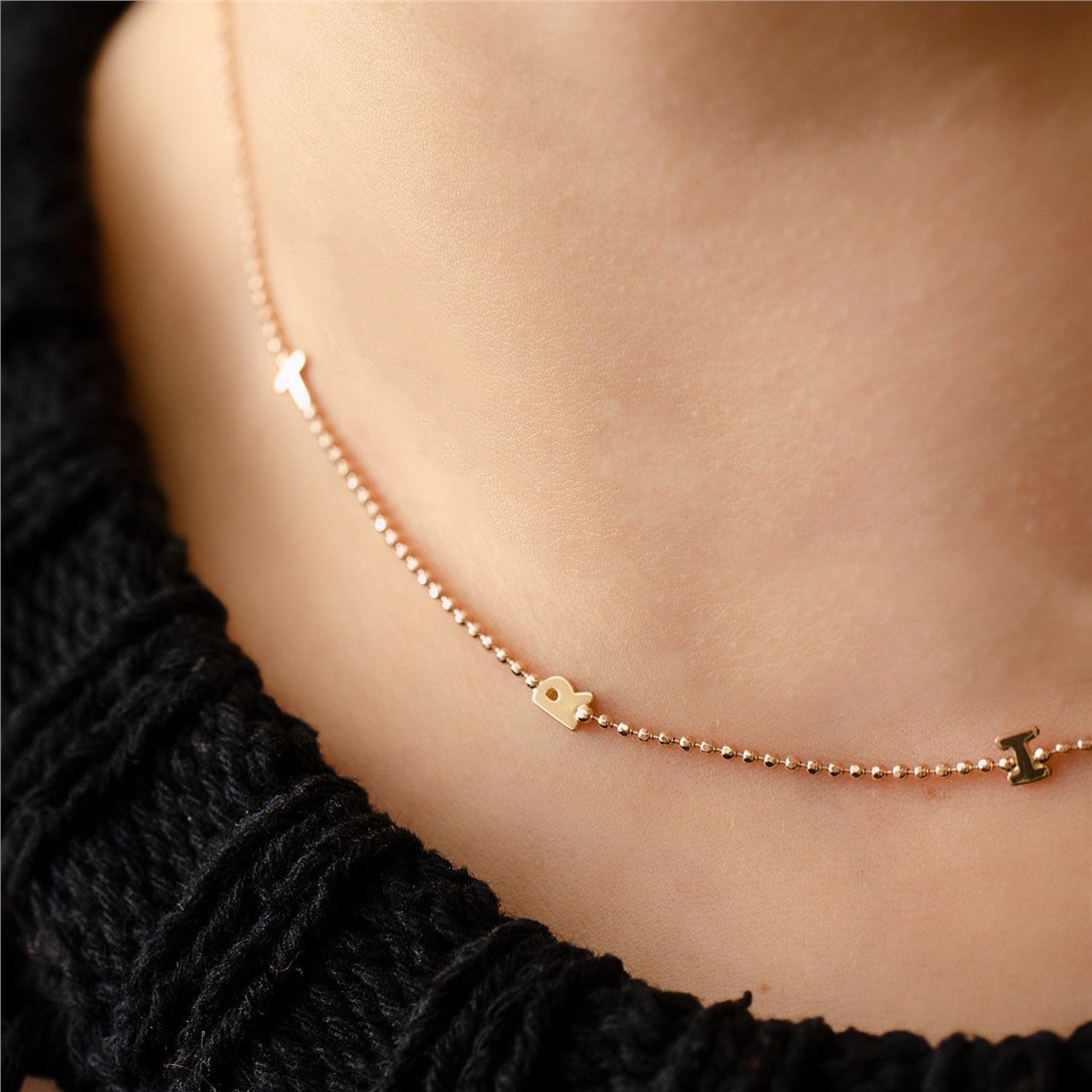 Goldstore-Sideways Initial 14k Gold Necklace, Minimal Initial Sideways Necklace, Personalized Multiple 1 2 3 4 Letters Diamond cut bead chain Necklace