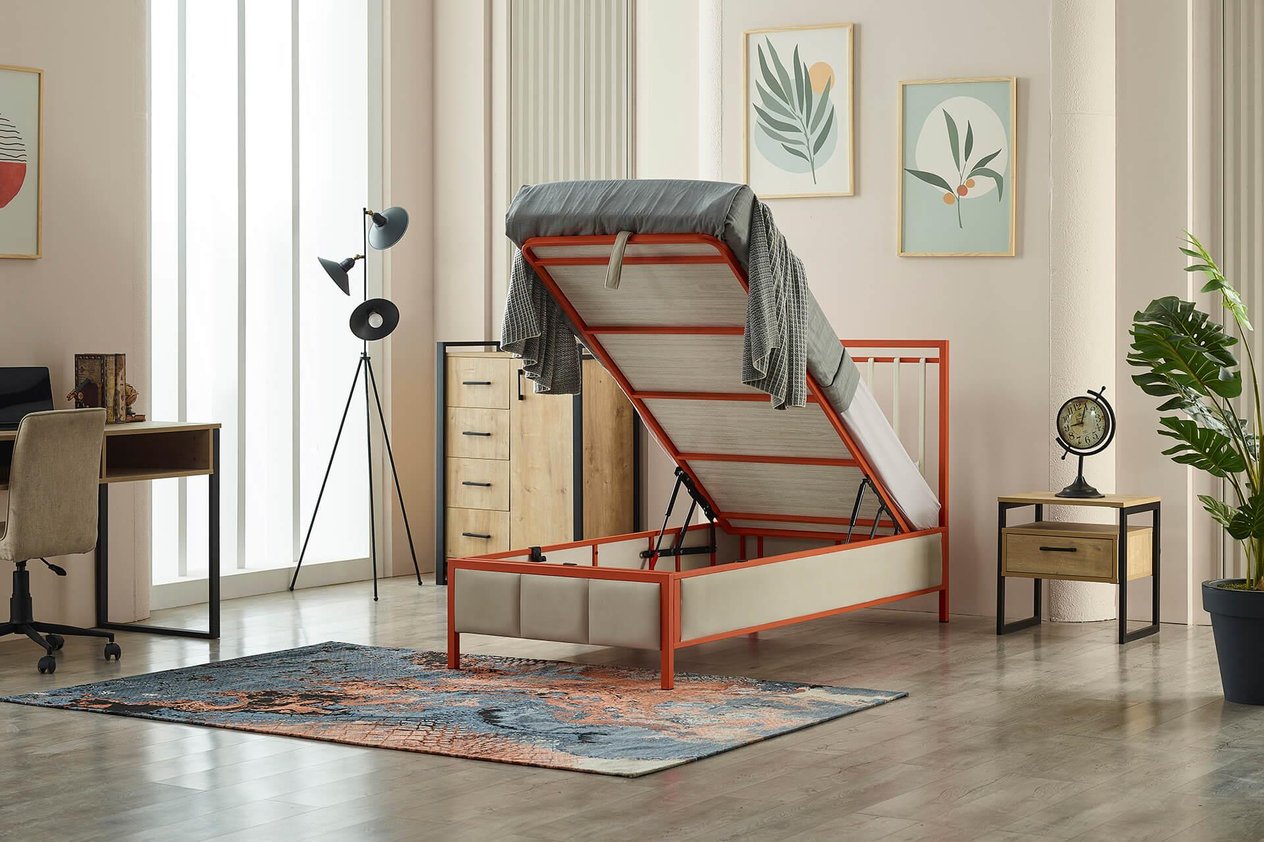 Gleam Tek Kişilik Metal Başlıklı Sandıklı Baza Başlık Set - Turuncu