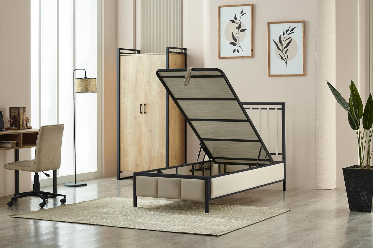 Gleam Tek Kişilik Metal Başlıklı Sandıklı Baza Başlık Yatak Set - Siyah