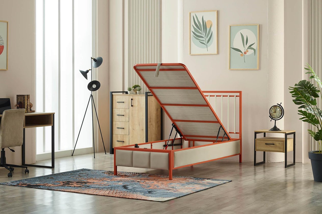 Gleam Tek Kişilik Metal Başlıklı Sandıklı Baza Başlık Set - Turuncu