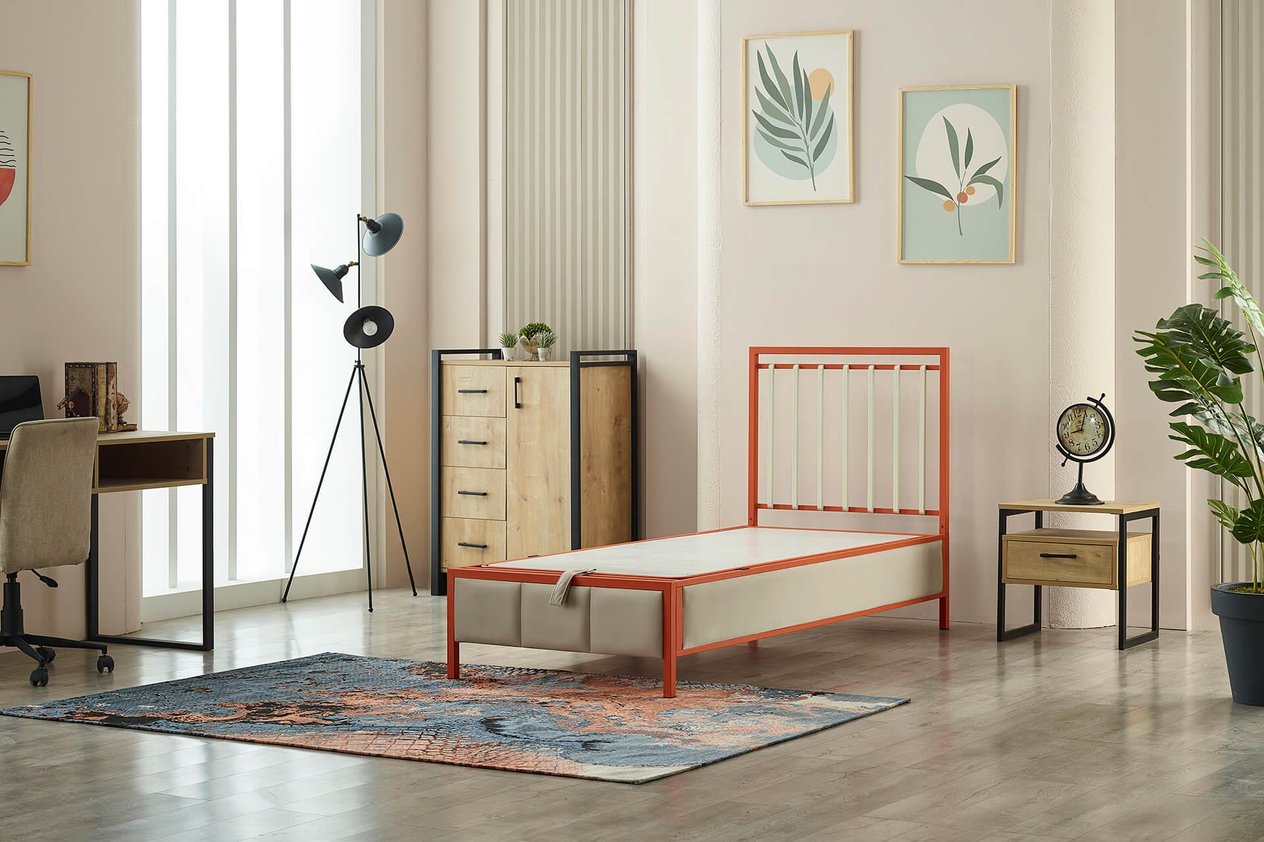 Gleam Tek Kişilik Metal Başlıklı Sandıklı Baza Başlık Set - Turuncu