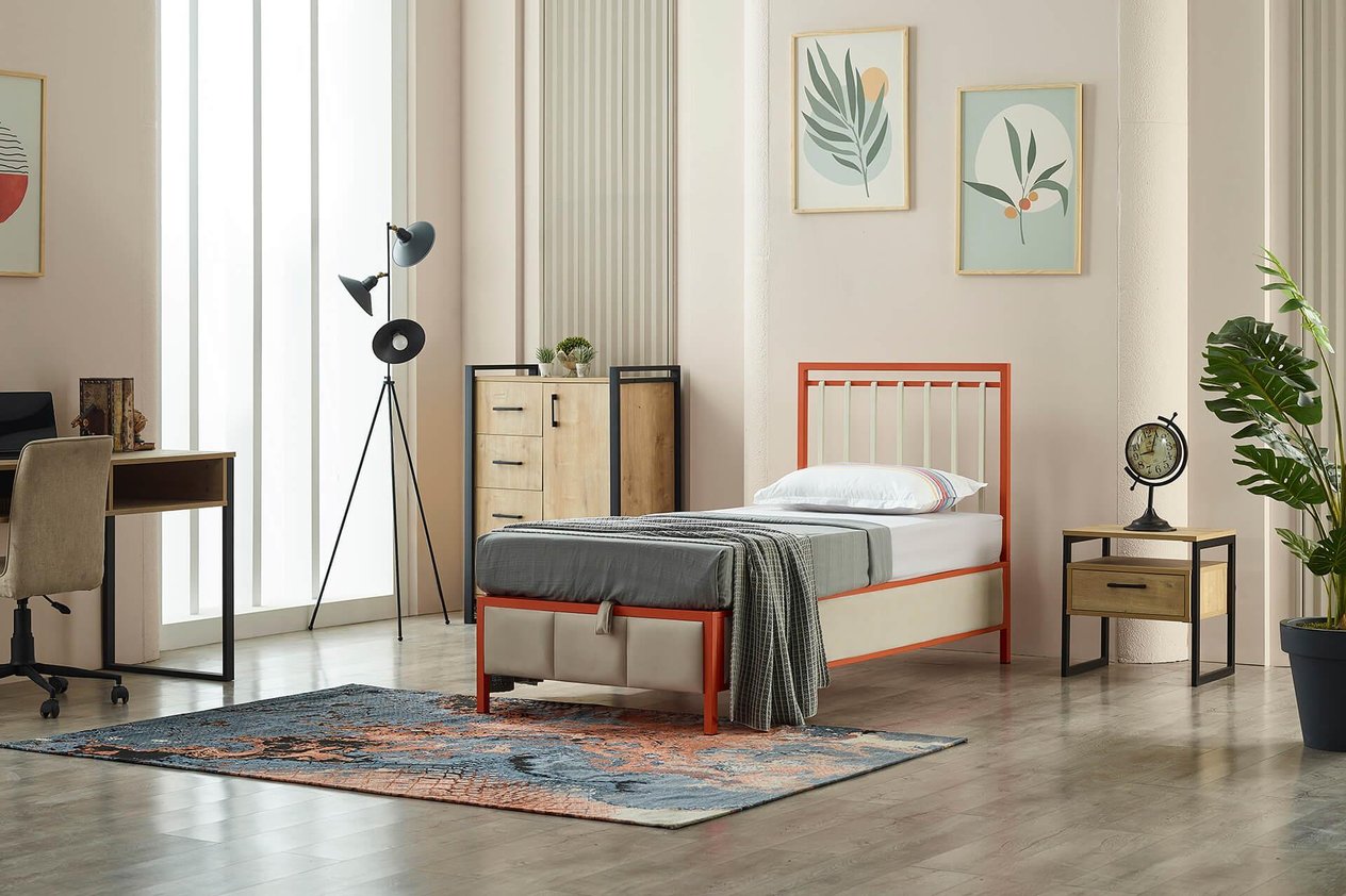 Gleam Tek Kişilik Metal Başlıklı Sandıklı Baza Başlık Set - Turuncu