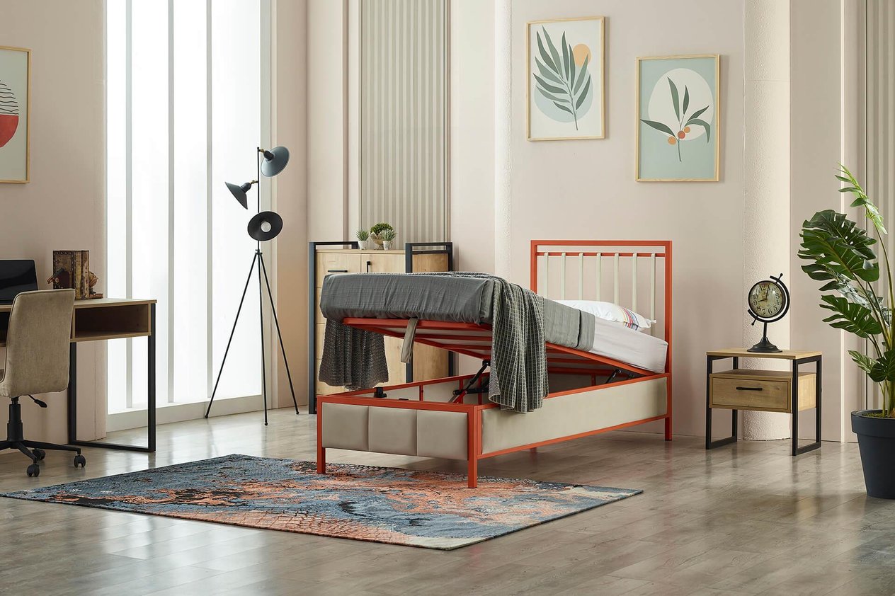 Gleam Tek Kişilik Metal Başlıklı Sandıklı Baza Başlık Set - Turuncu
