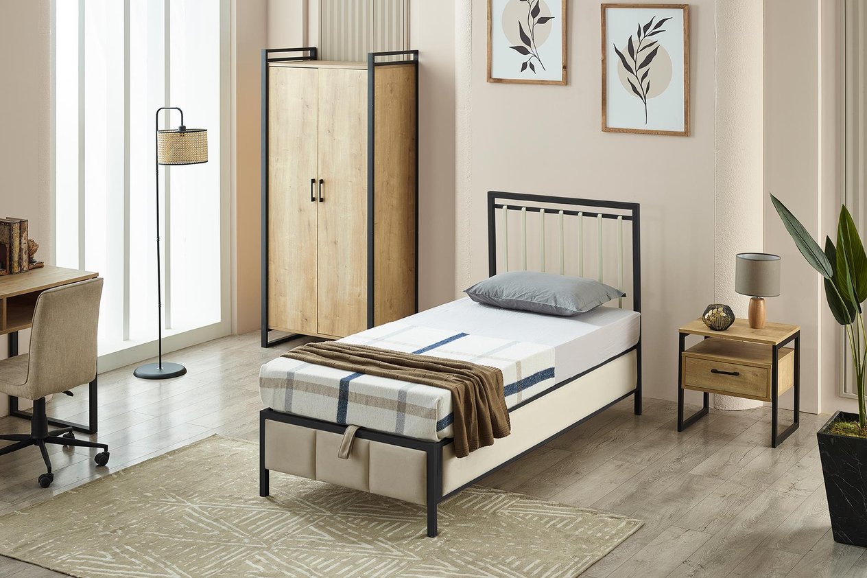 Gleam Tek Kişilik Metal Başlıklı Sandıklı Baza Başlık Yatak Set - Siyah