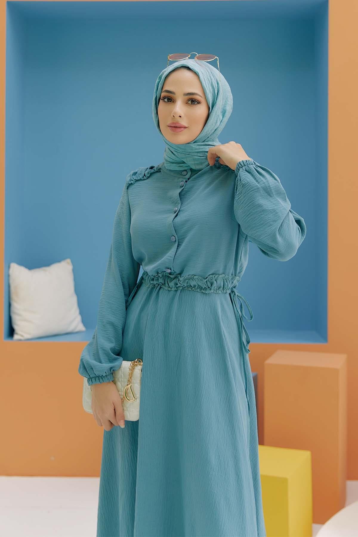 Tesettür Büzgülü Belden Bağcıklı Elbise MintHM4027
