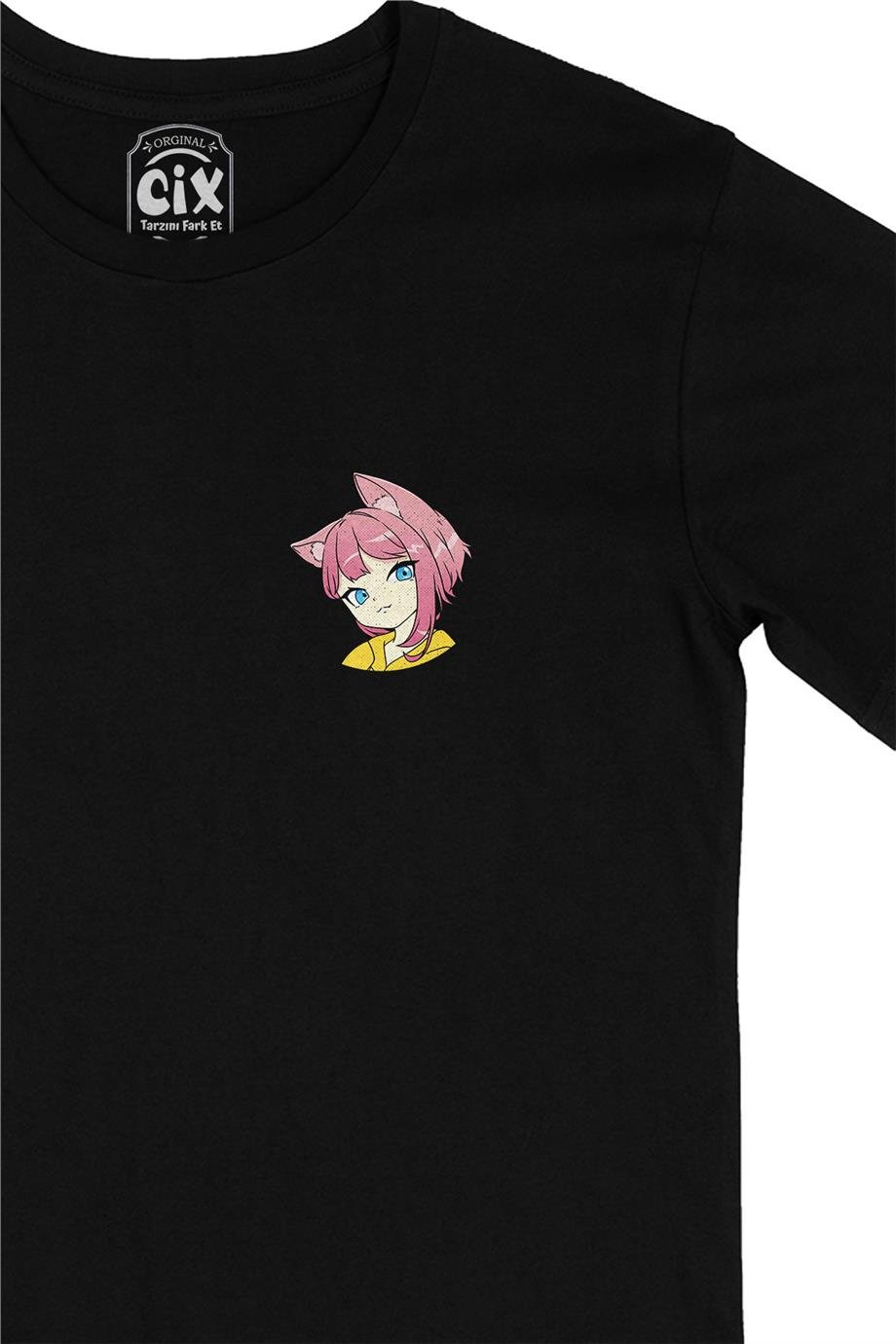 Anime Cute Girl Cep Tasarım Baskılı Siyah Tişört