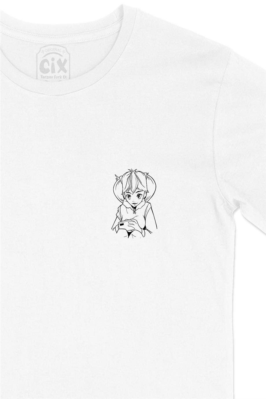 Anime Kız Çizimli Cep Tasarım Baskılı Beyaz Tişört
