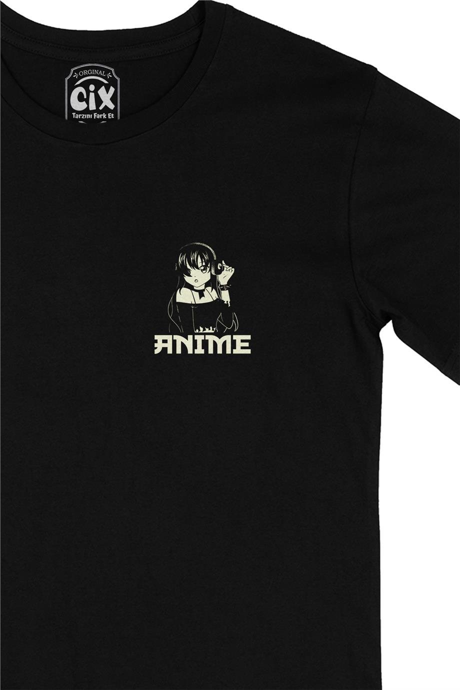 Anime Music Girl Cep Tasarım Baskılı Siyah Tişört