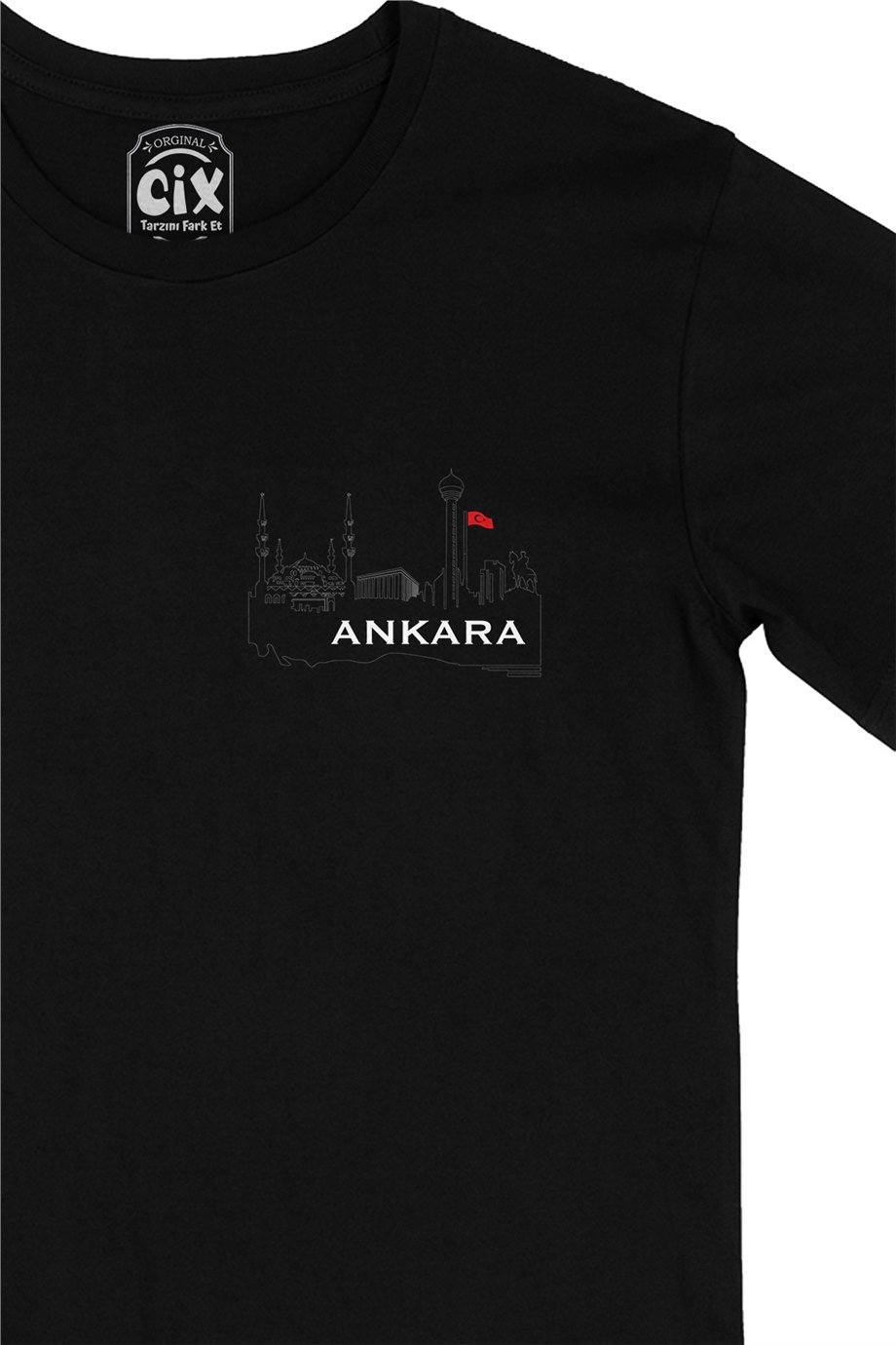 Ankara Çizimli Cep Logo Tasarımlı Siyah Tişört