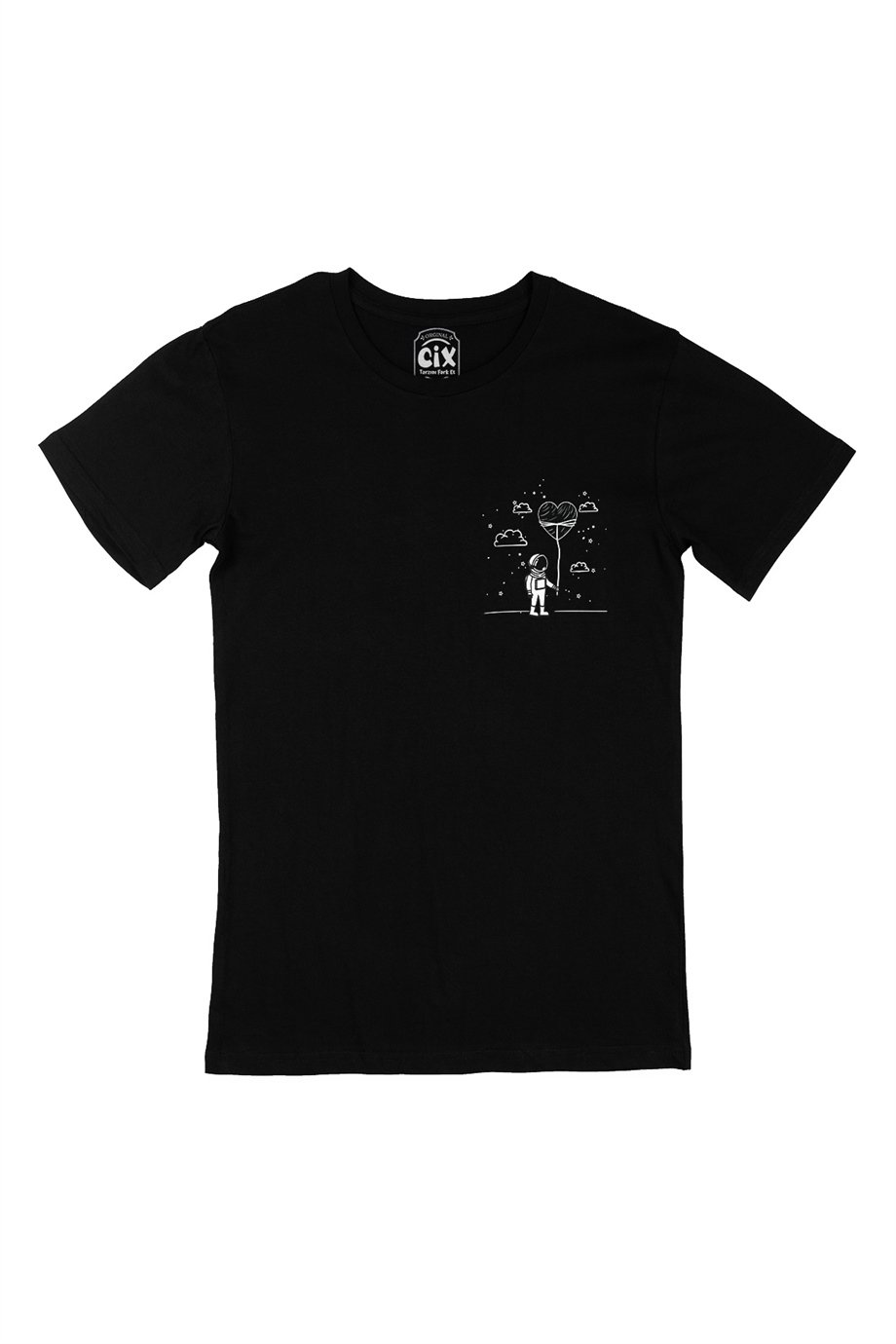 Aşık Astronot Cep Logo Tasarımlı Siyah Tişört