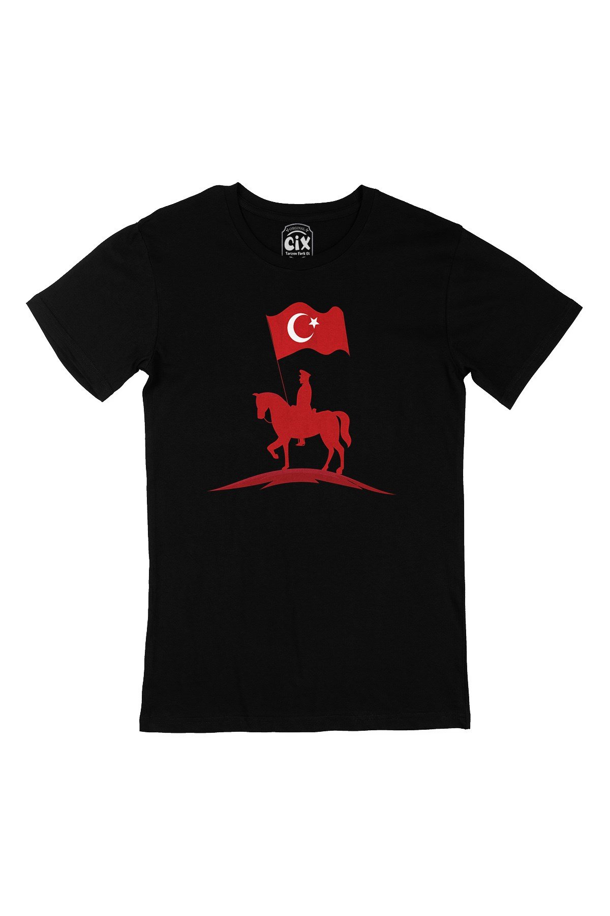 Atatürk Kırmızı Bayraklı Atlı Siyah Tişört