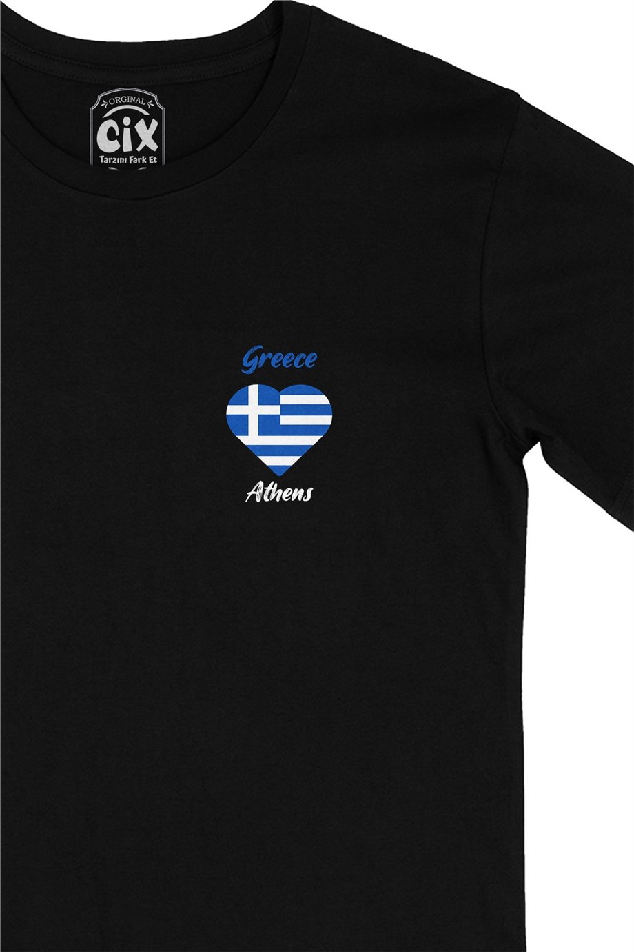 Atina Yunanistan Bayraklı Kalpli Cep Logo Tasarımlı Siyah Tişört
