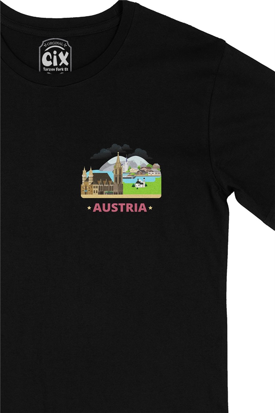 Avusturya Cep Logo Tasarımlı Siyah Tişört