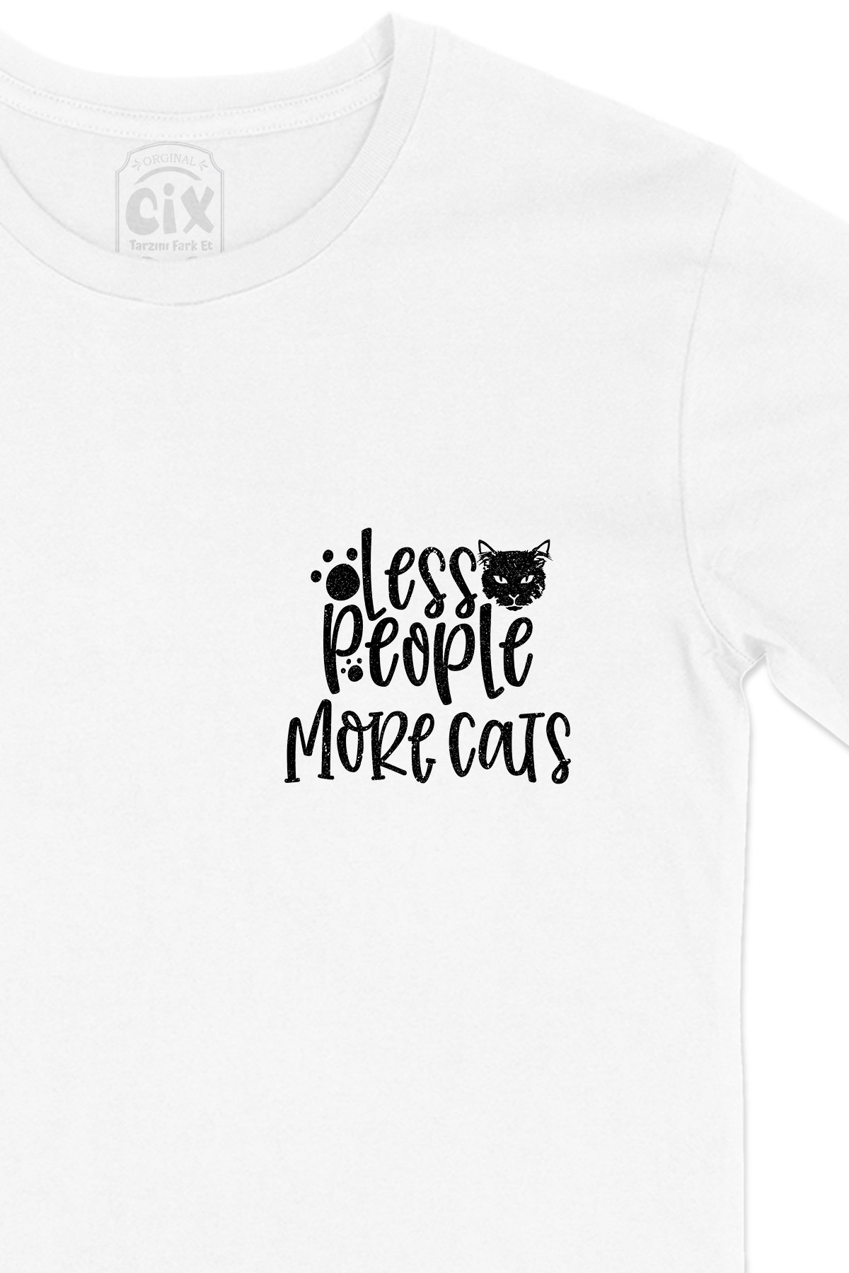 Az İnsan Çok Kedi Cep Logo Tasarımlı Beyaz Tişört