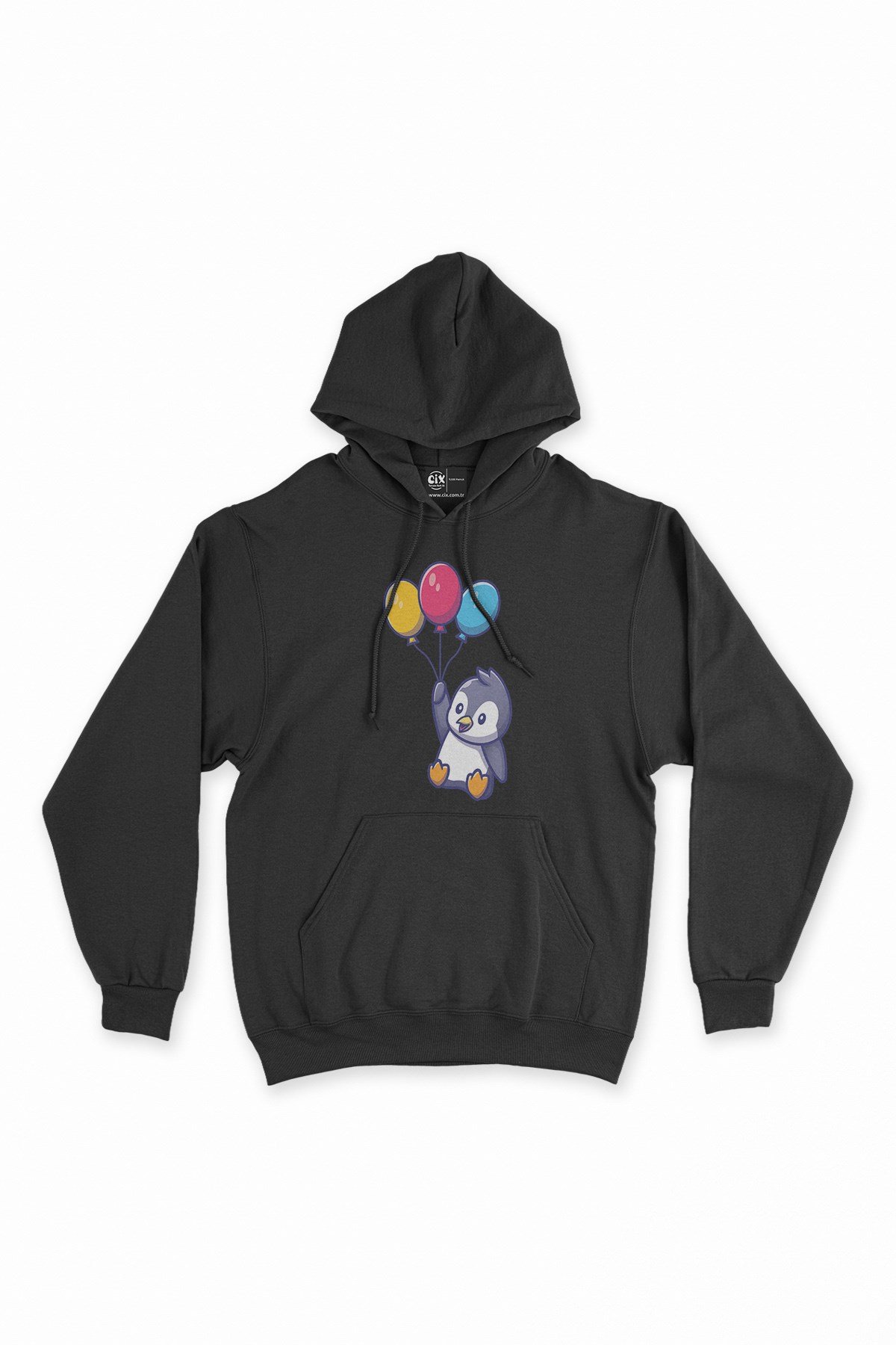 Balonlu Penguen Siyah Kapşonlu Sweatshirt Hoodie
