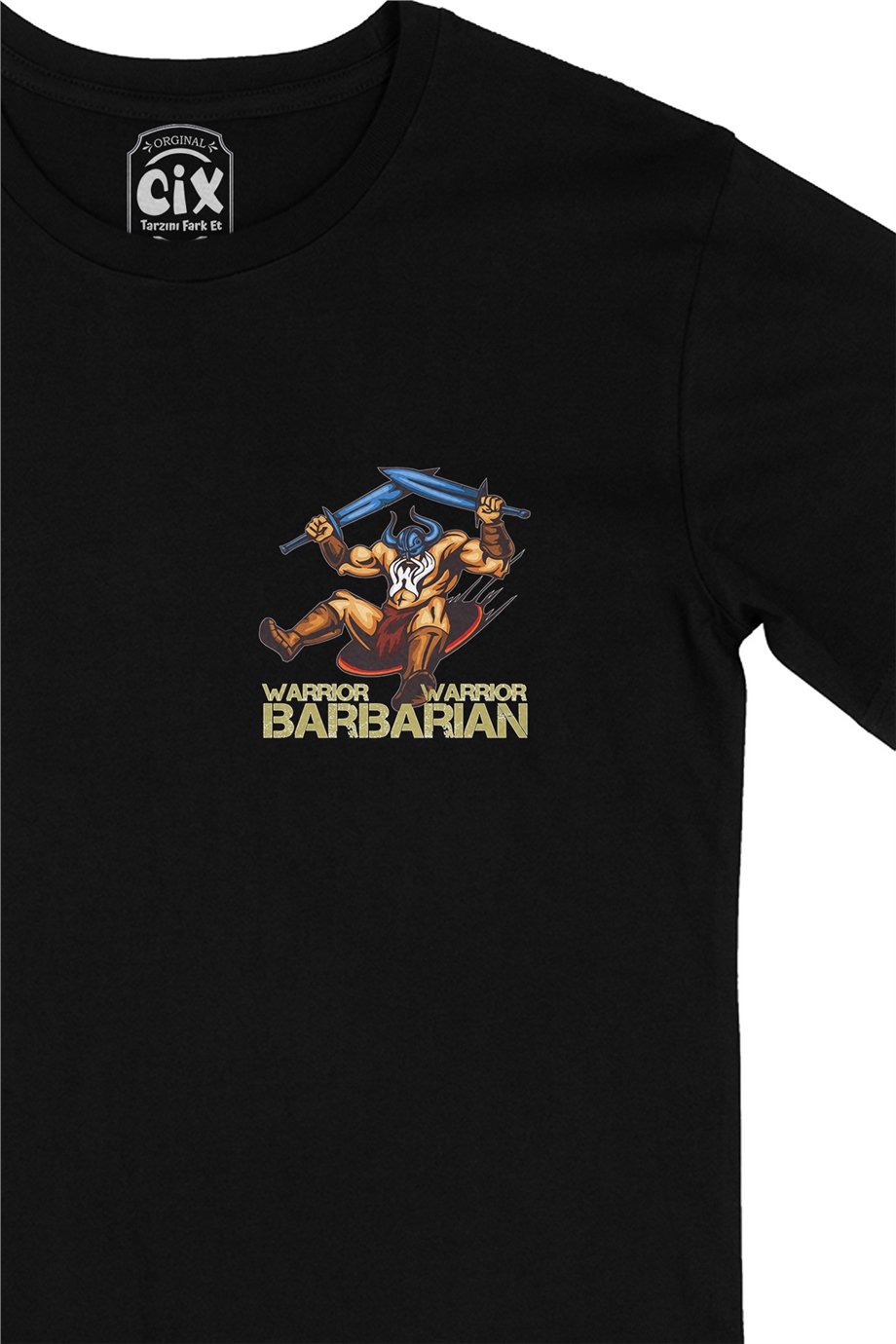 Barbarian Warrior Kılınçlı Cep Logo Tasarımlı Siyah Tişört