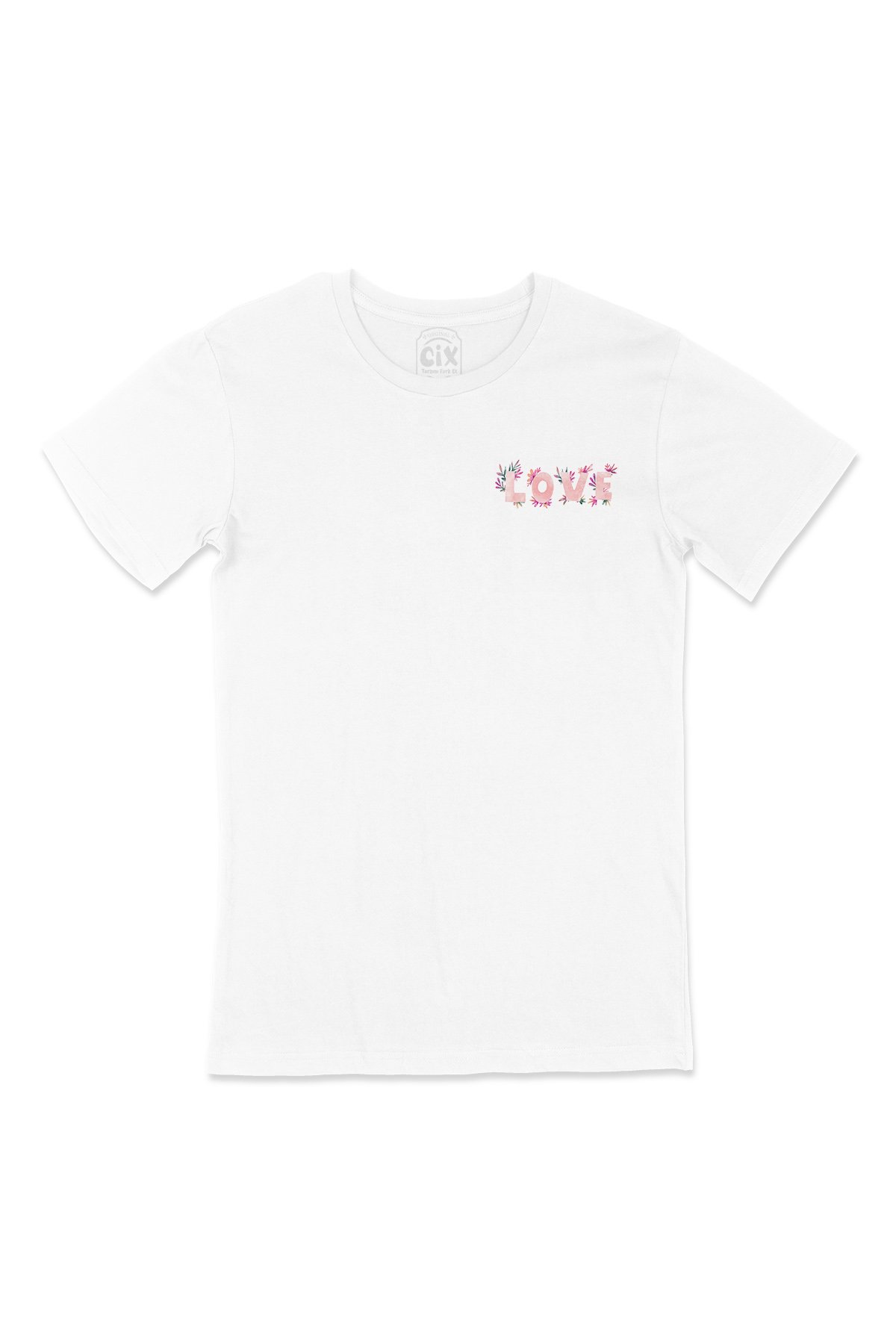 Çiçekli Love Yazılı Cep Logo Tasarımlı Beyaz Tişört