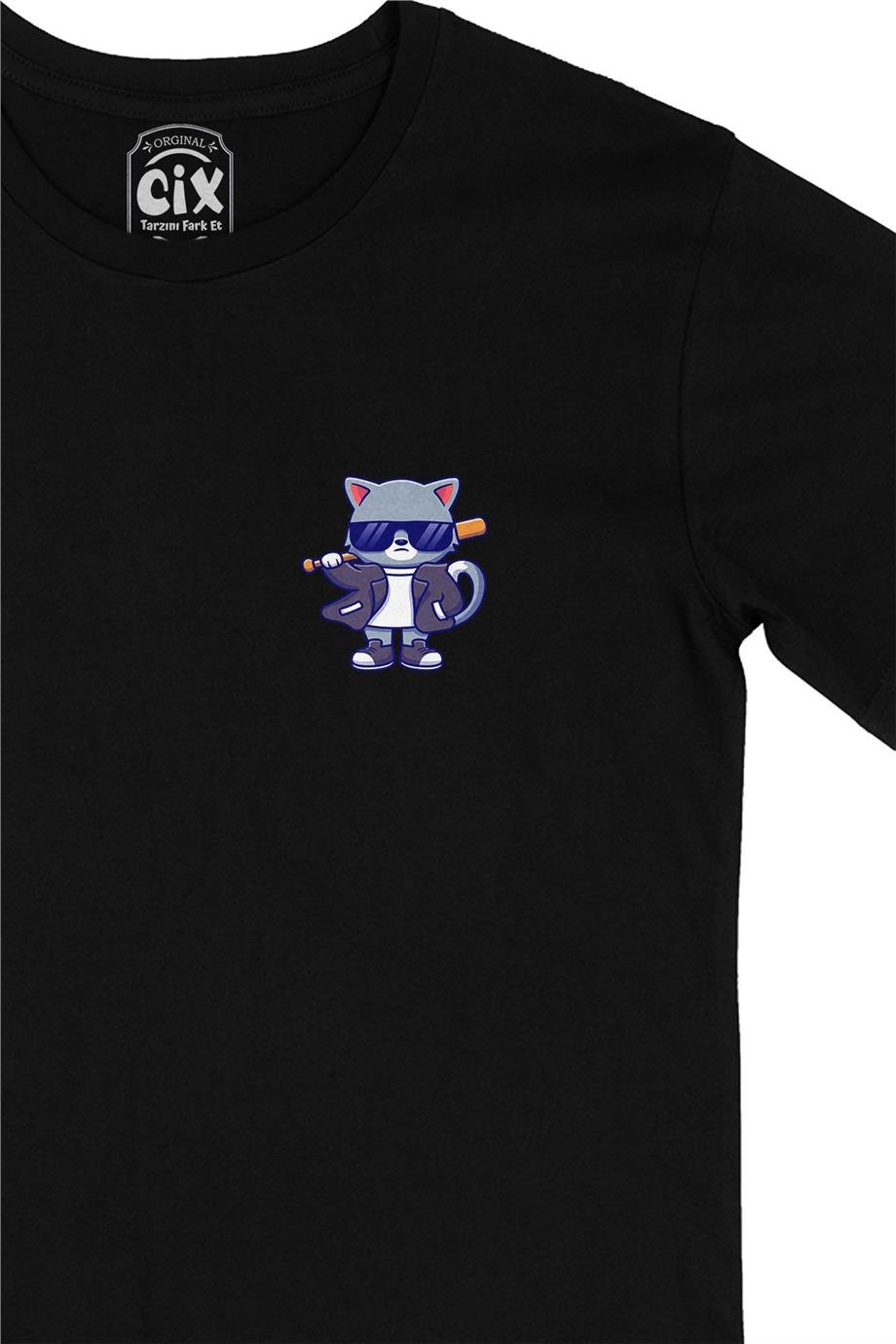 Cool Gözlüklü Kedi Cep Tasarım Baskılı Siyah Tişört