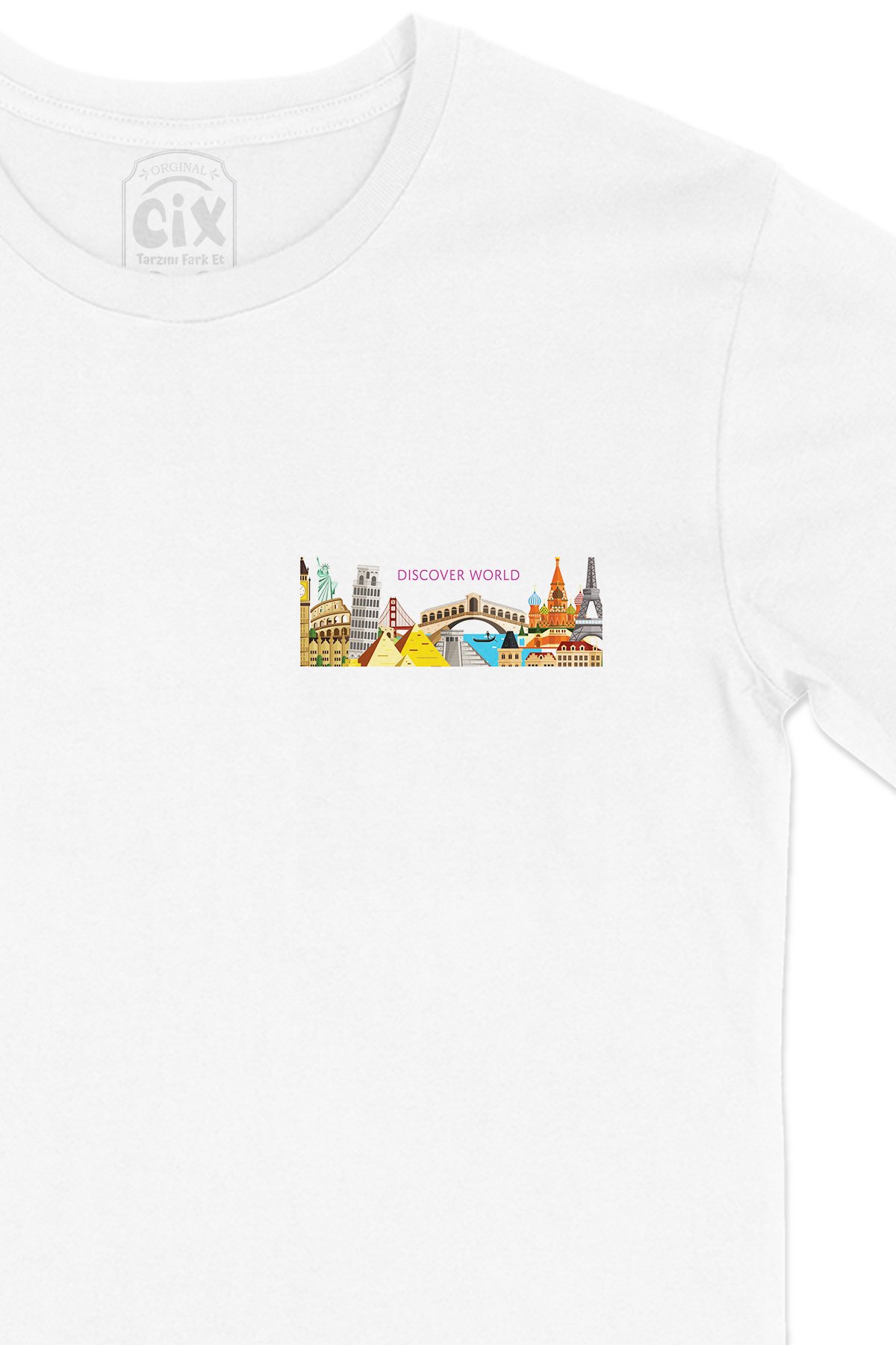 Discover World Cep Logo Tasarımlı Beyaz Tişört