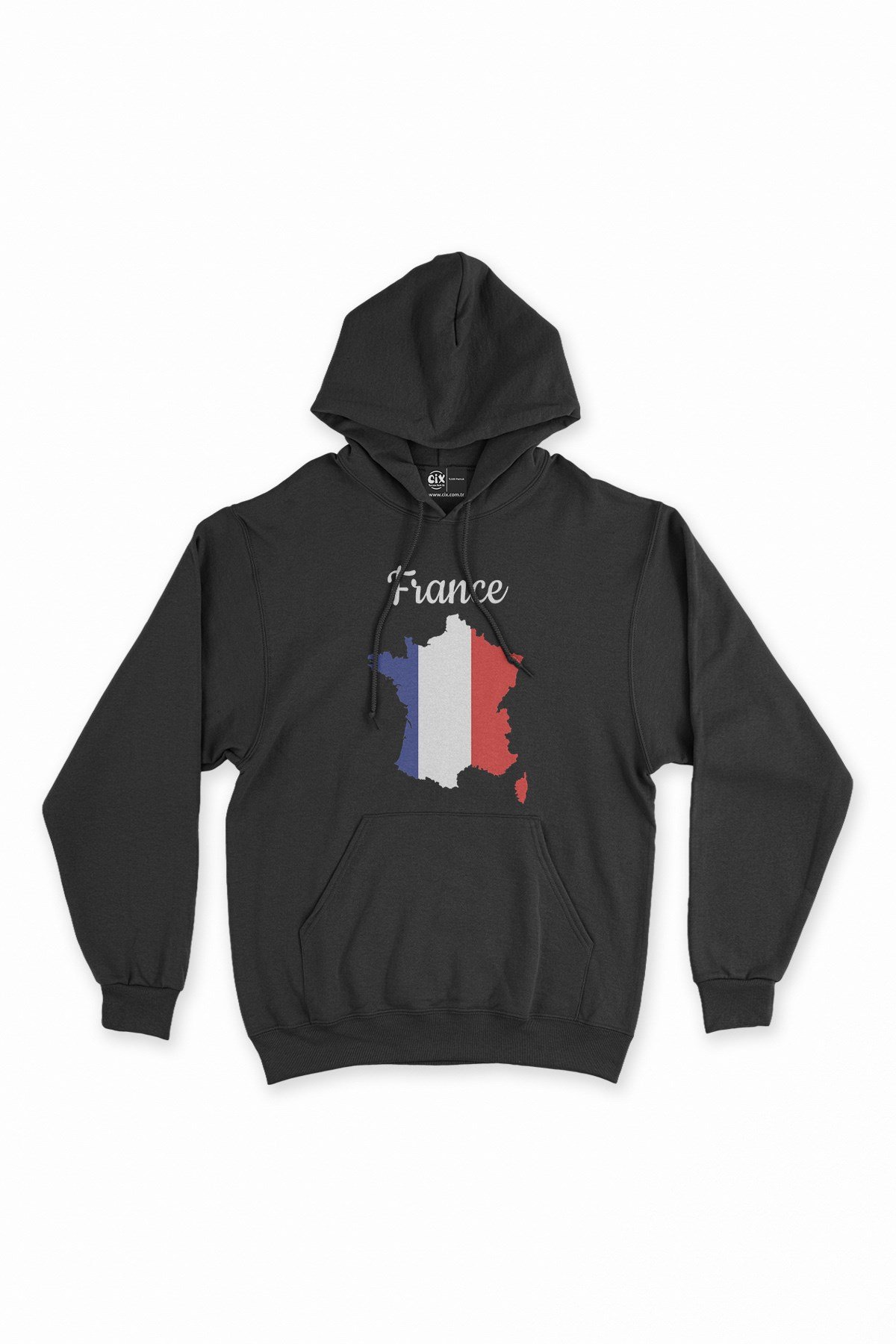 Fransa Haritalı ve Bayraklı Siyah Kapşonlu Sweatshirt Hoodie