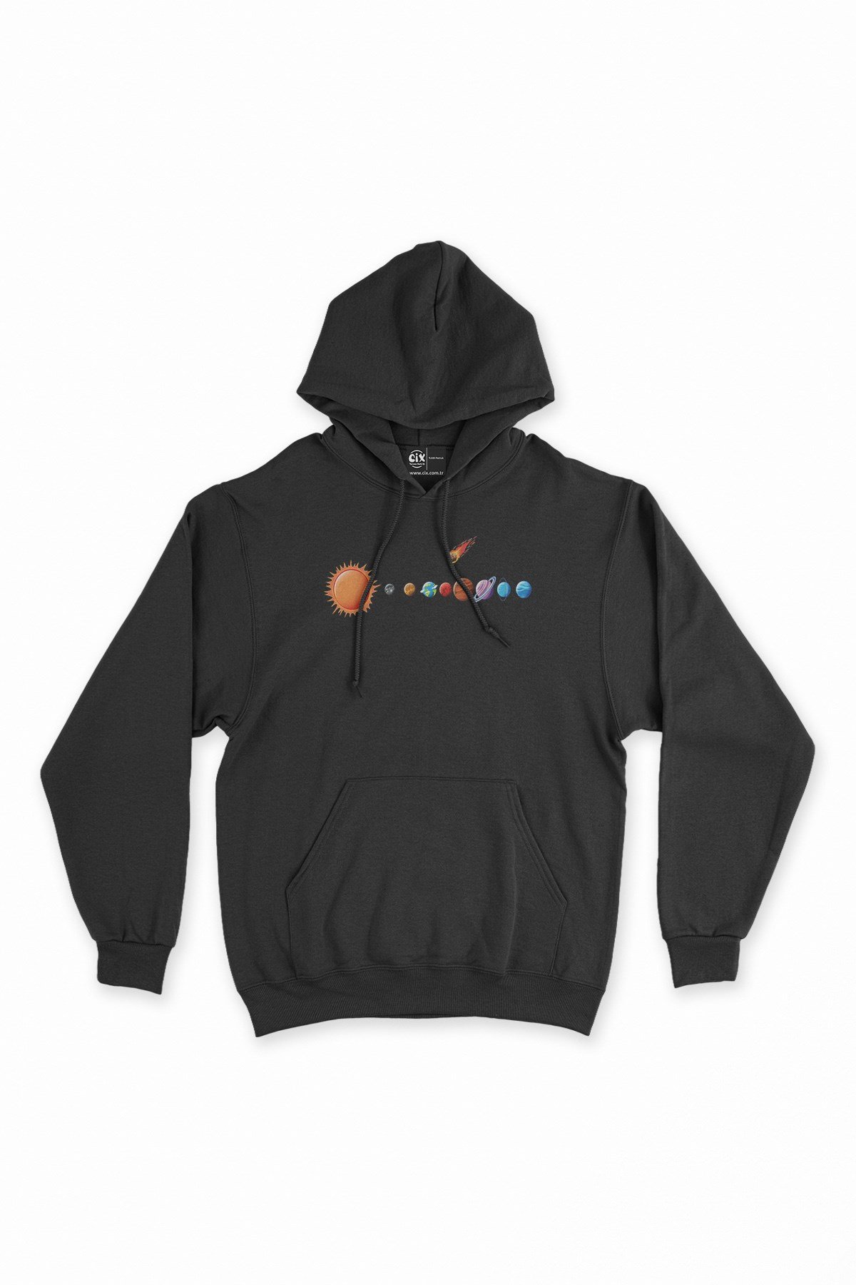 Gezegen Tasarımlı Siyah Kapşonlu Sweatshirt Hoodie