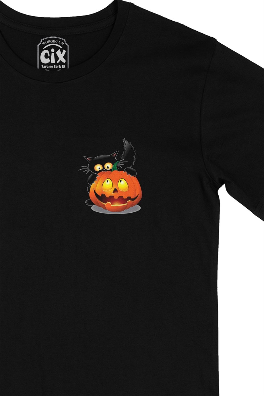 Halloween Kedi Cep Logo Tasarımlı Siyah Tişört