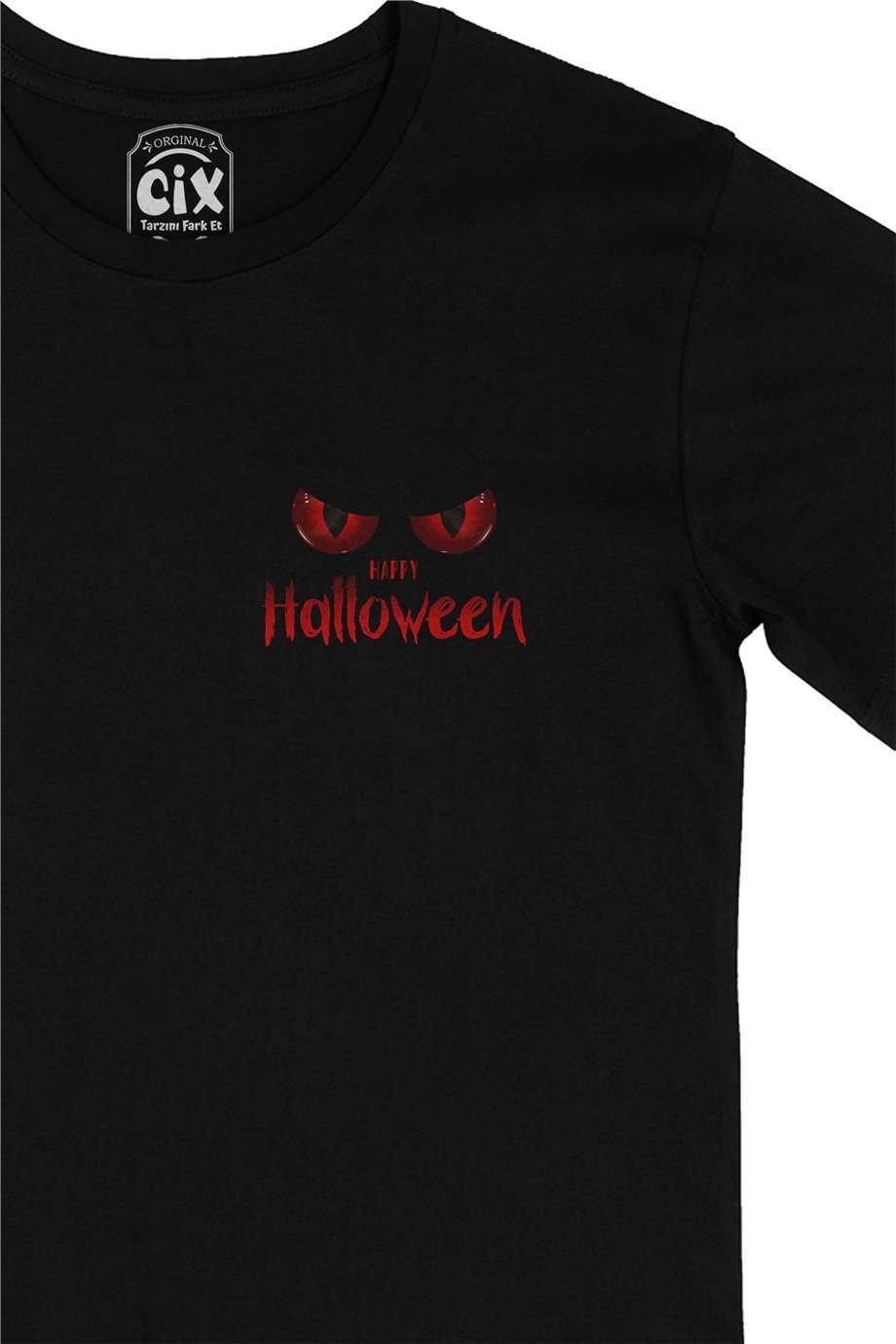 Happy Hallowen Kırmızı Gözlü Cep Logo Tasarımlı Siyah Tişört