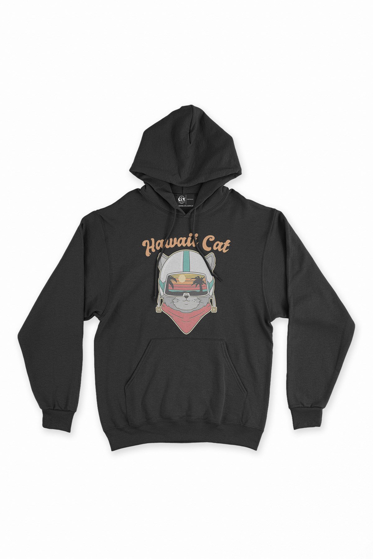 Hawaii Cat Siyah Kapşonlu Sweatshirt Hoodie