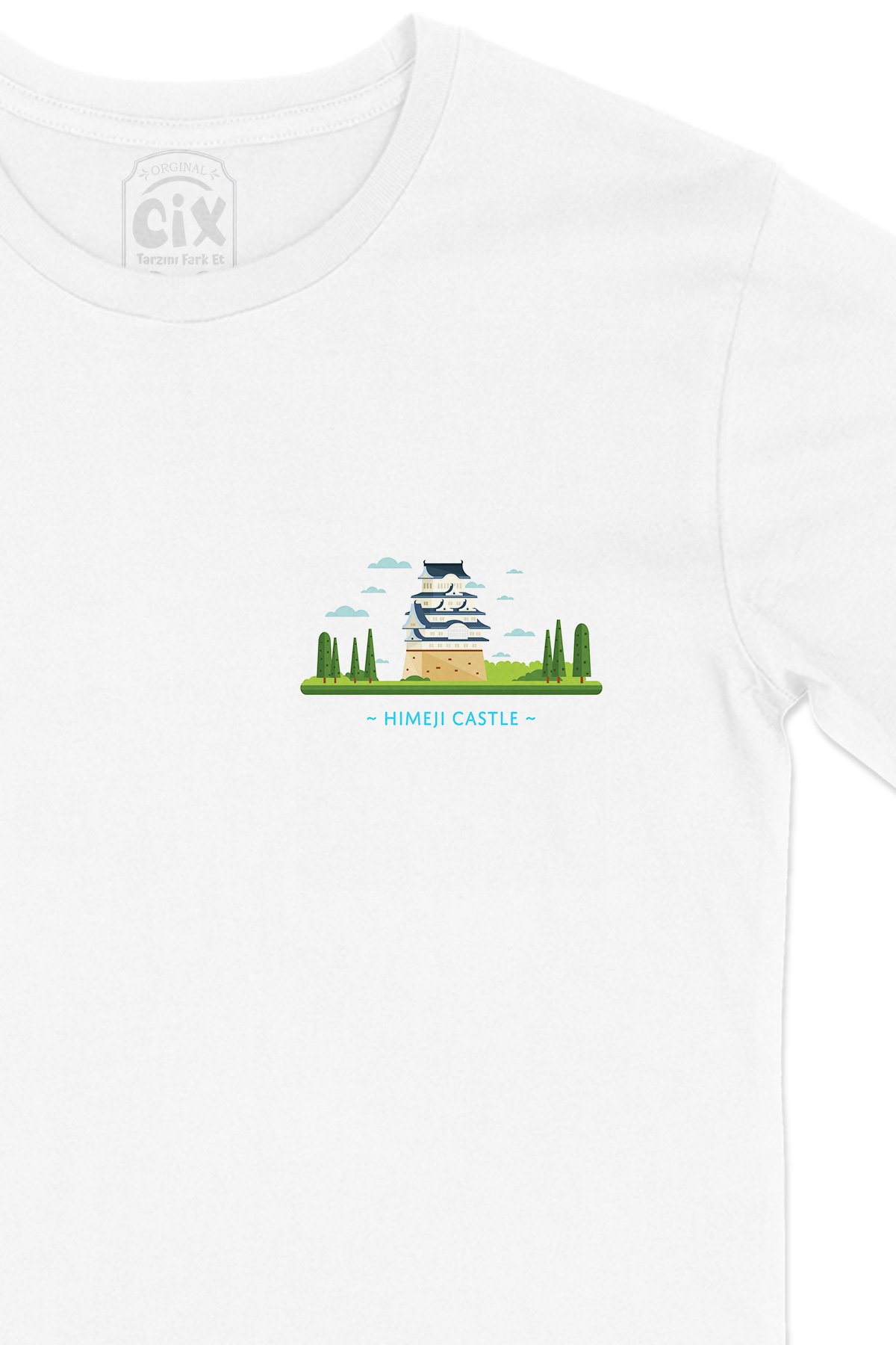 Himeji Kalesi Cep Logo Tasarımlı Beyaz Tişört